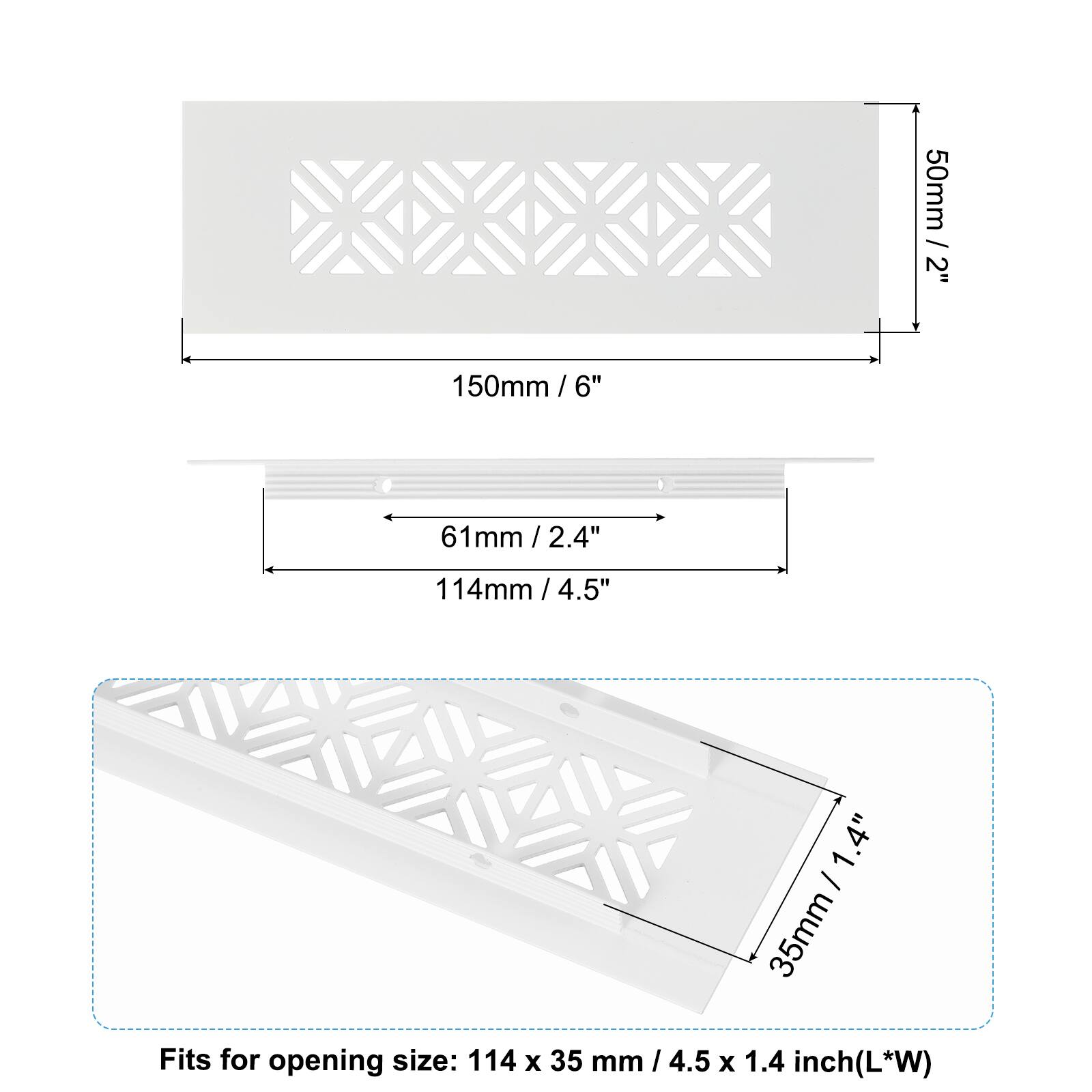 50mm / 2"  
150mm / 6"  
61mm / 2.4"  
114mm / 4.5"  
35mm / 1.4"  

Fits for opening size: 114 x 35 mm / 4.5 x 1.4 inch (L*W)