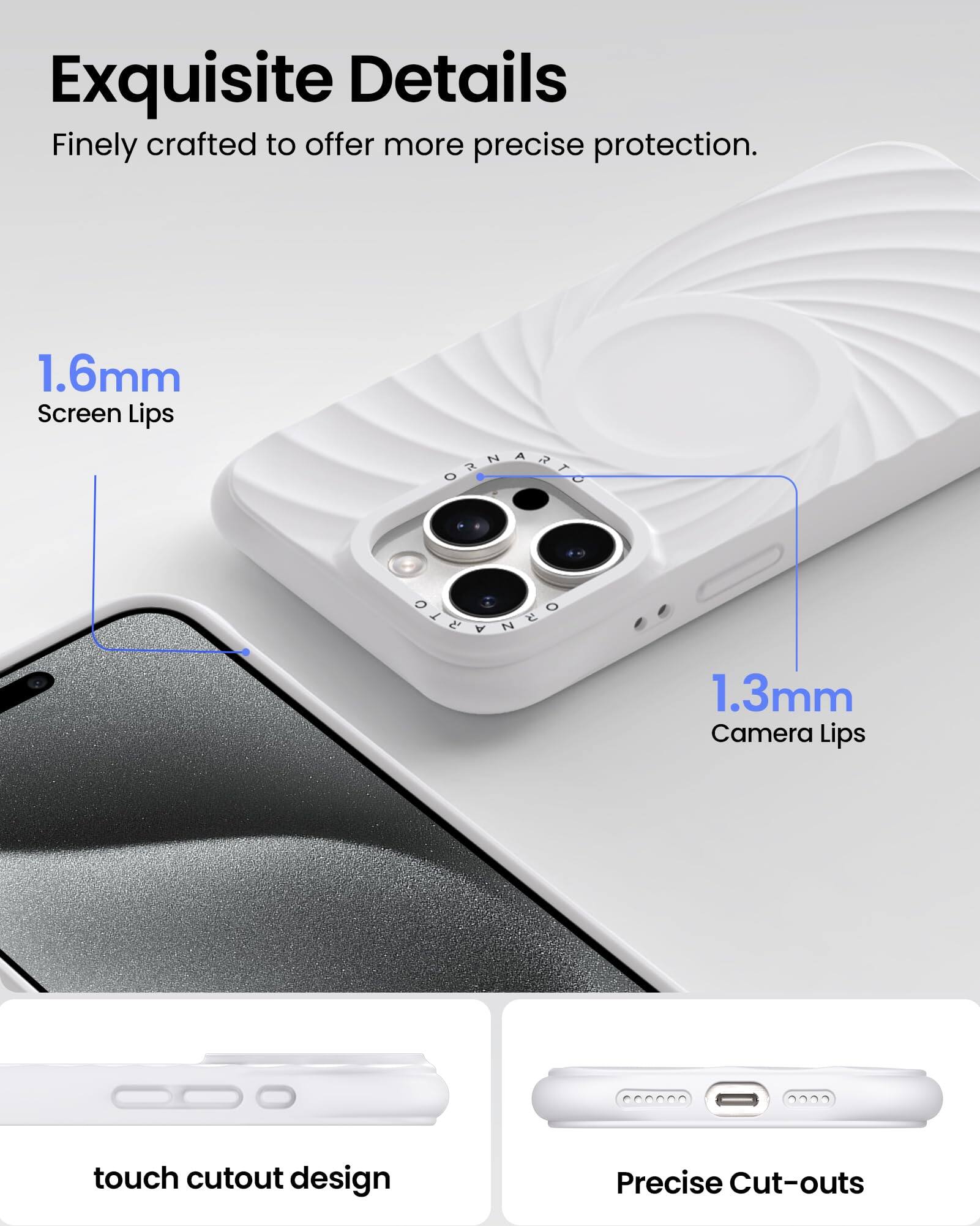 Exquisite Details Finely crafted to offer more precise protection. 1.6mm Screen Lips 1.3mm Camera Lips touch cutout design Precise Cut-outs