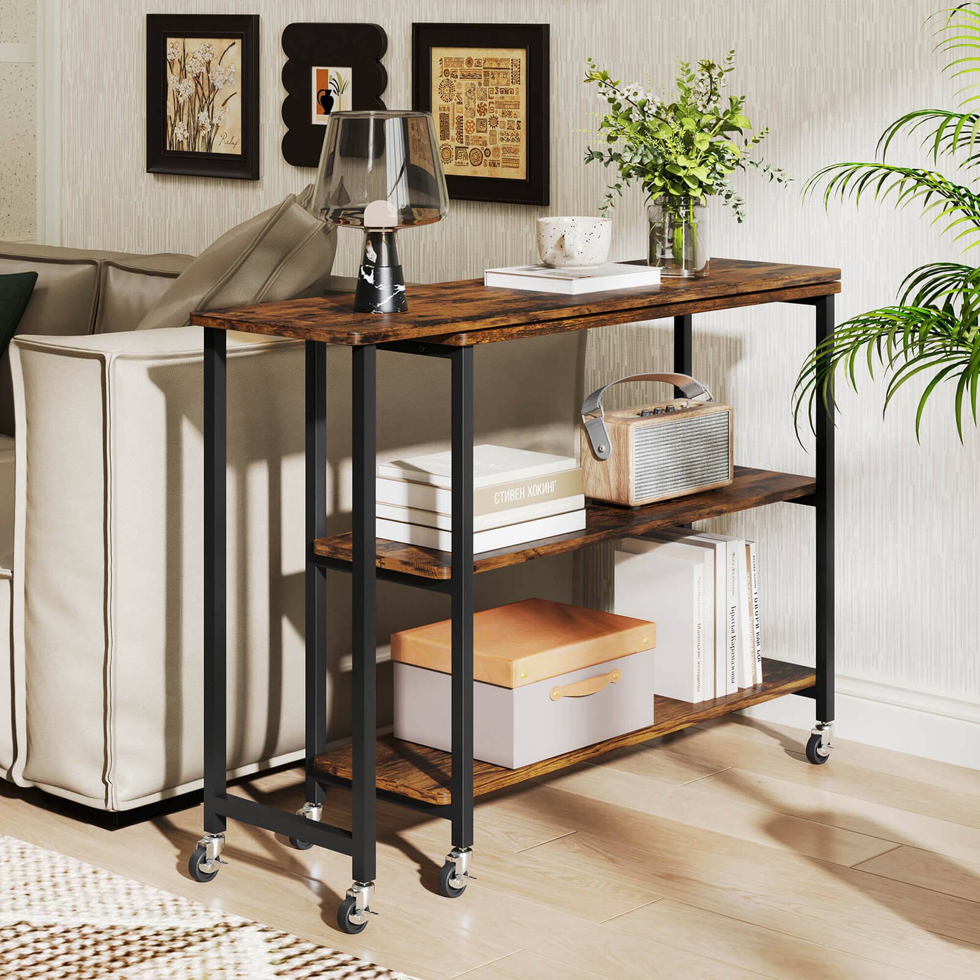 Alt View 3. Costway - Costway Large 360° Free Rotating Sofa Side Table with Wheels Storage Shelf Patented - Rustic Brown.