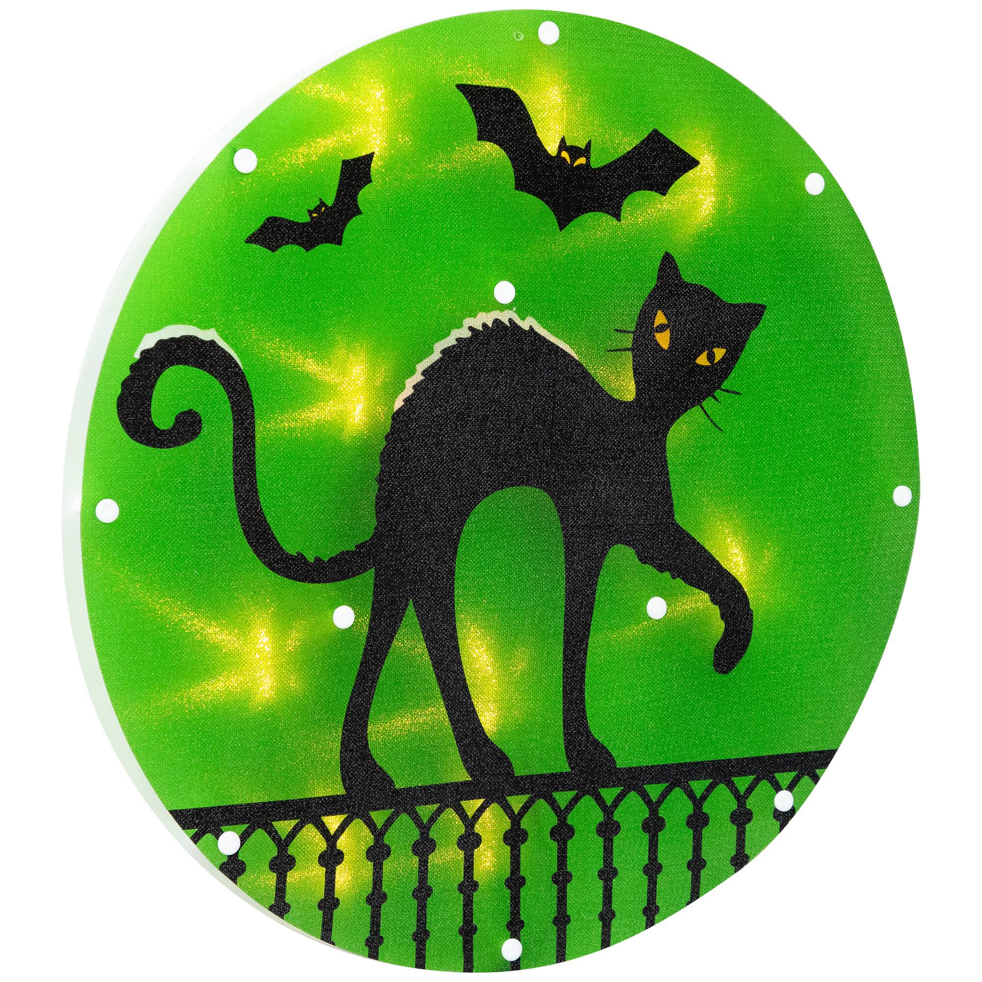 Alt View 4. Northlight - Lighted Black Cat with Bats Halloween Window Decoration - 13.75" - Green.