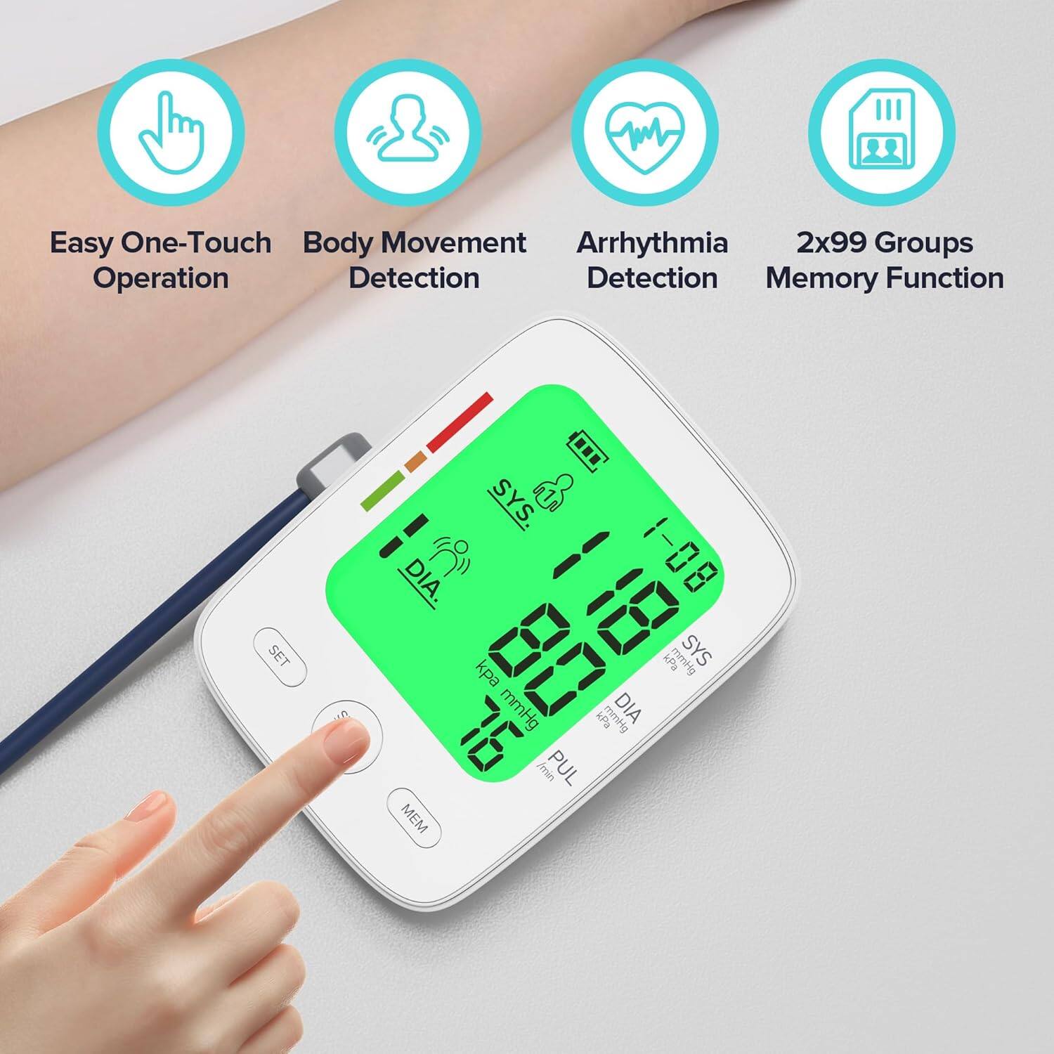 Easy One-Touch Body Movement Arrhythmia 2x99 Groups Operation Detection Detection Memory Function SET un SYS. DIA. 1-08 kpa 80 G6 kPa gHim SYS mmHg pHimm DIA 76 /min PUL MEM