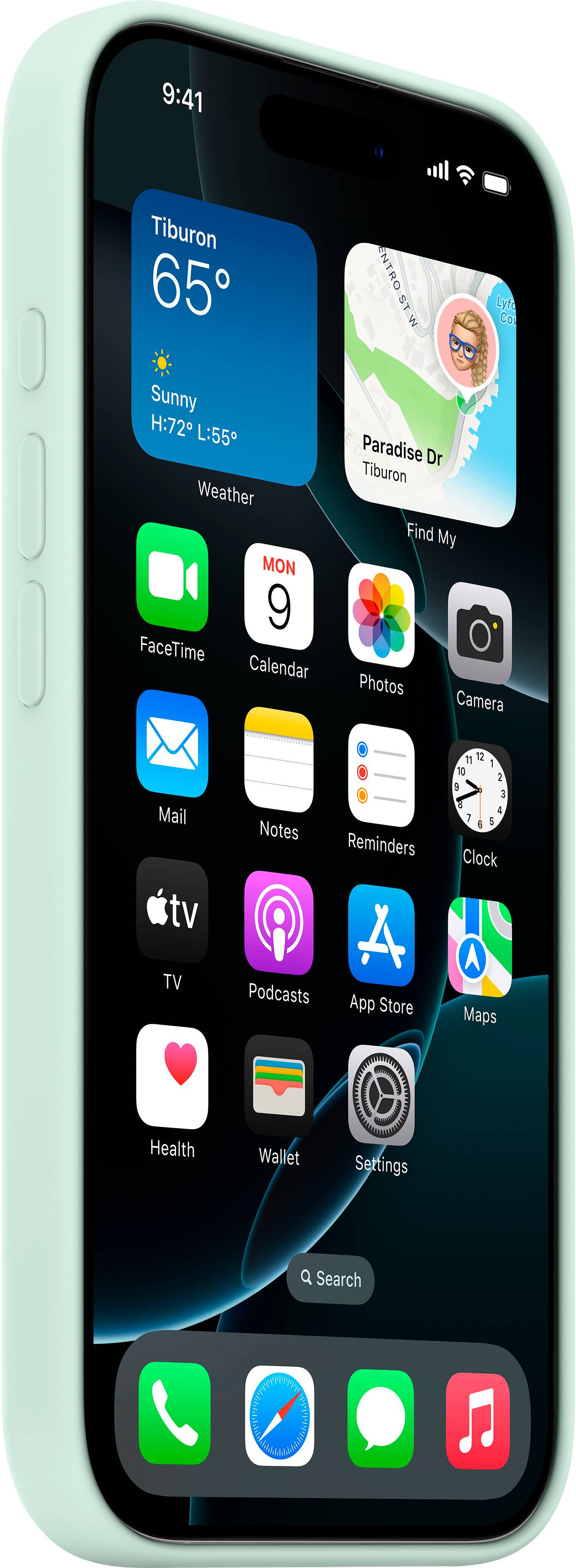 The text on the image can be grouped and corrected as follows:
Weather:
- Mon 9:41 Tiburon 65 Sunny
- H:72 L:55
Apps:
- FaceTime
- Calendar
- Notes
- Reminders
- Podcasts
- App Store
- Wallet
- Settings
Other apps:
- Health
- Mail
- TV
- Camera
- Maps
- Search
The image shows the home screen of an iPhone, with the time displayed as 9:41. The weather is sunny, with a temperature of 65 degrees. The apps are organized in a row, with FaceTime, Calendar, Notes, Reminders, Podcasts, App Store, and Wallet being the first six. The remaining apps are arranged in a line below these six, including Mail, TV, Camera, Maps, and Search.