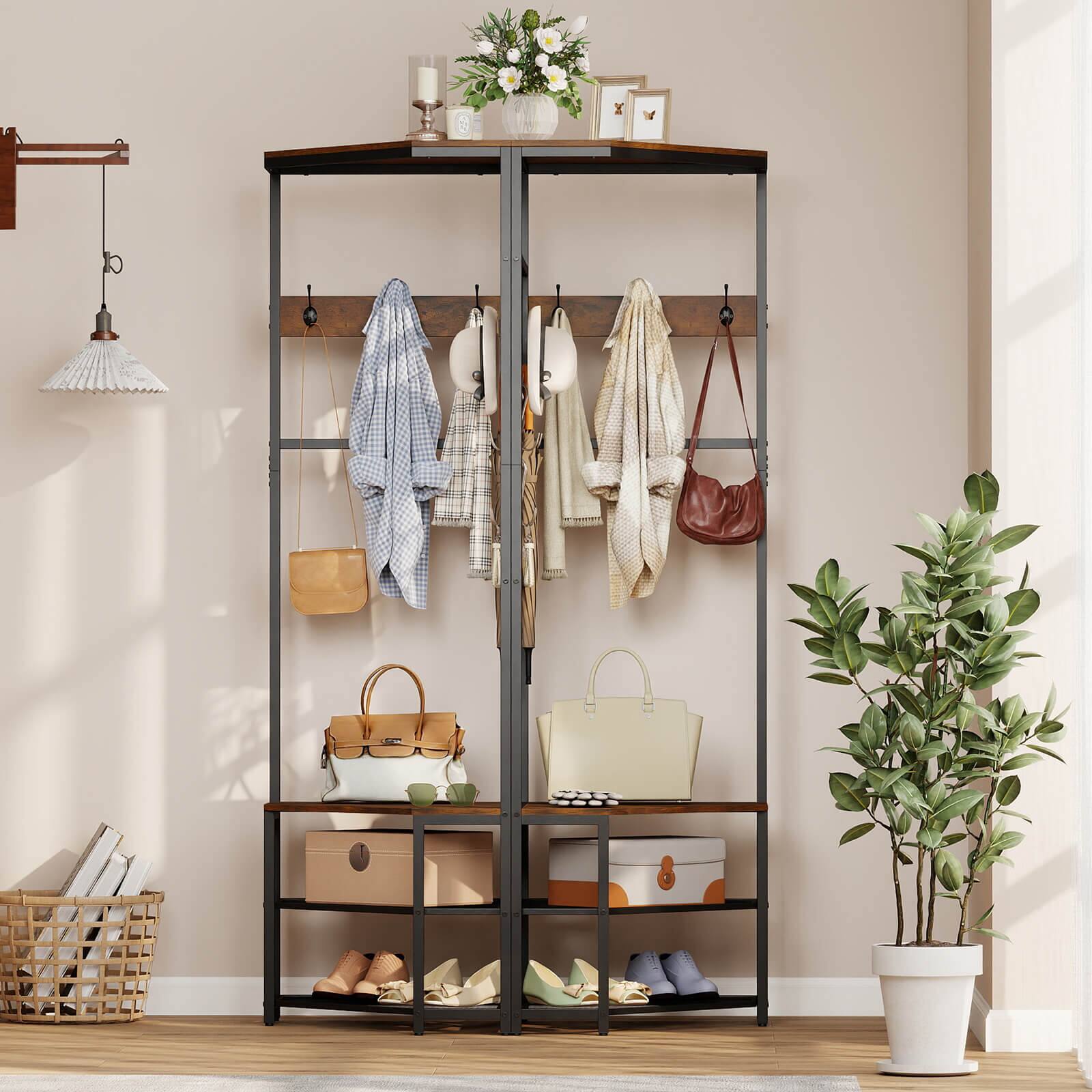 Alt View 1. Costway - Costway Corner Hall Tree, Freestanding Coat Rack with Storage Shelves & Removable Hooks - Rustic Brown + Black.