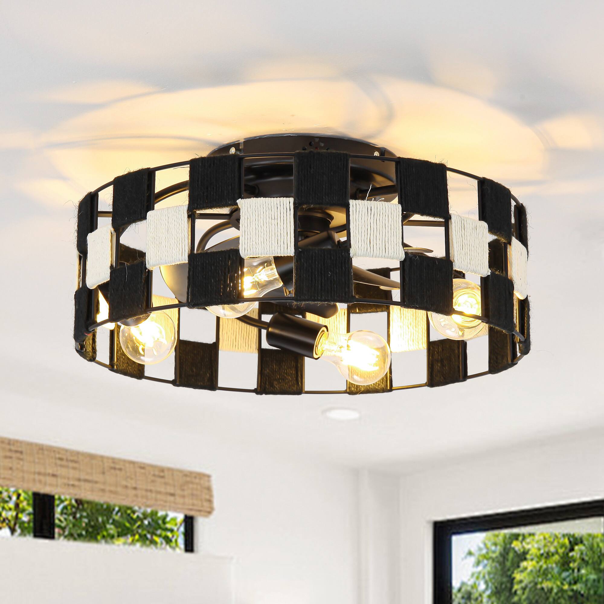 Back. Parrot Uncle - 17.7 in. Rope Checkerboard Caged Smart Ceiling Fan with Light, Remote and APP Control - Black.