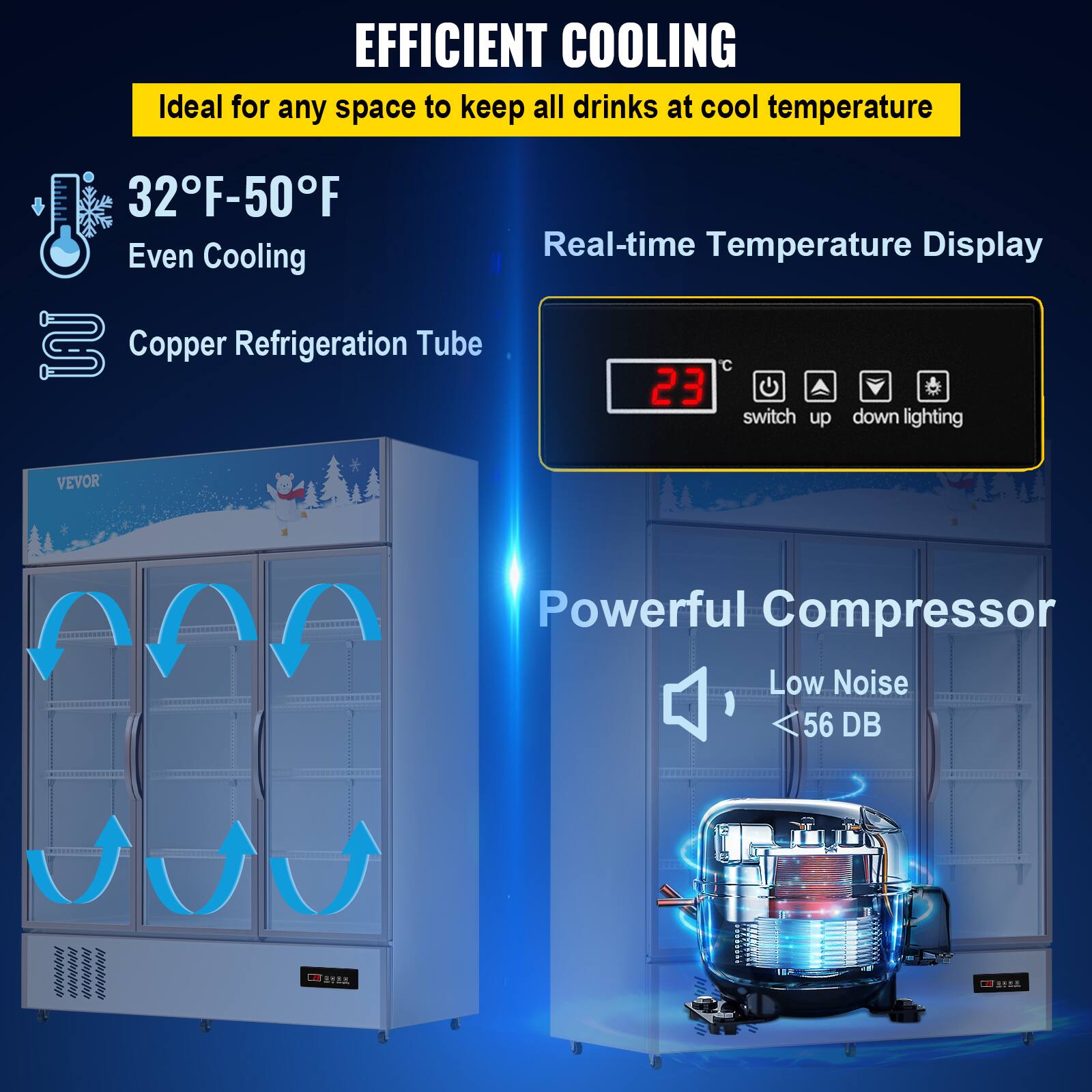 EFFICIENT COOLING
Ideal for any space to keep all drinks at cool temperature
32°F-50°F
Even Cooling
Real-time Temperature Display
Copper Refrigeration Tube
VEVOR
Powerful Compressor
Low Noise <56 DB