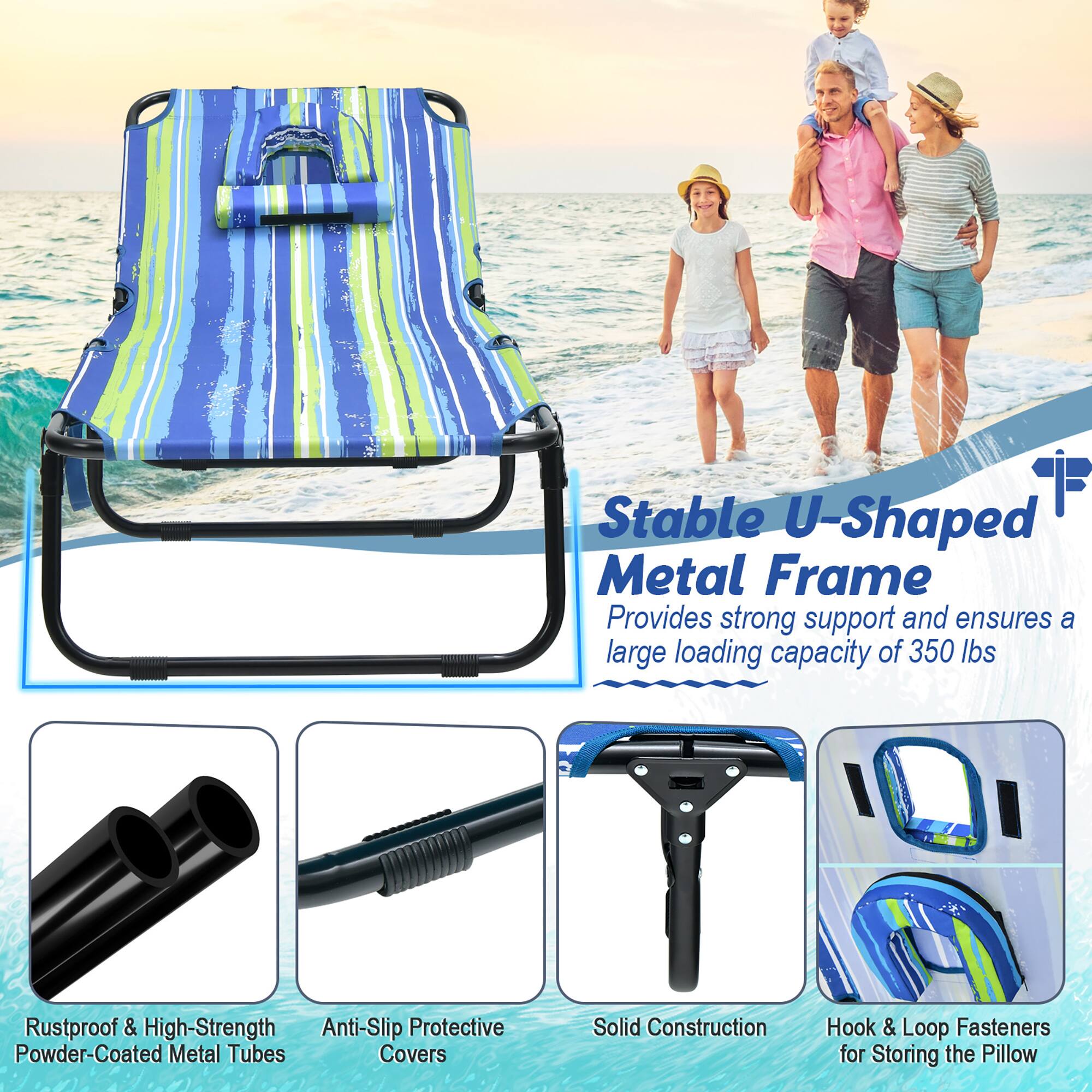 Stable U-Shaped Metal Frame, Provides strong support and ensures a large loading capacity of 350 lbs, Rustproof & High-Strength Powder-Coated Metal Tubes, Anti-Slip Protective Covers, Solid Construction, Hook & Loop Fasteners for Storing the Pillow