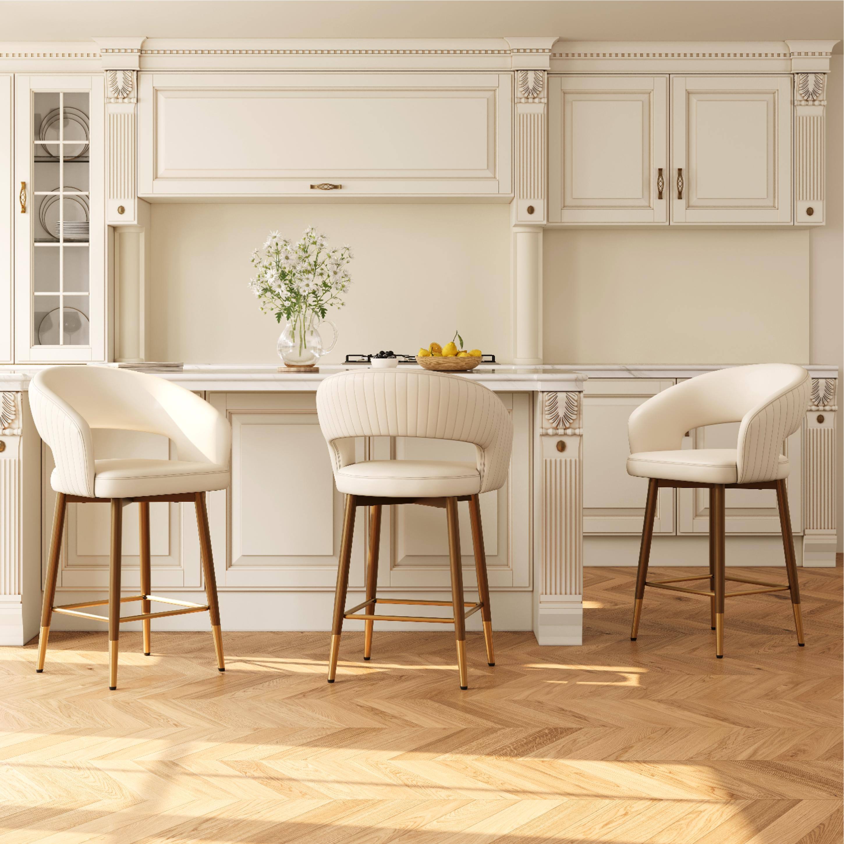 Left. POVISON - 26" Modern Cutout Back Counter Height Bar Stools Set of 2, Faux Leather Bar Chairs with Arms, Beige & Bronze - Beige & Bronze.