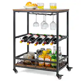 Costway - Kitchen Cart Serving Trolley on Wheels w/ Wine Rack Glass Holder - Rustic Brown,Black