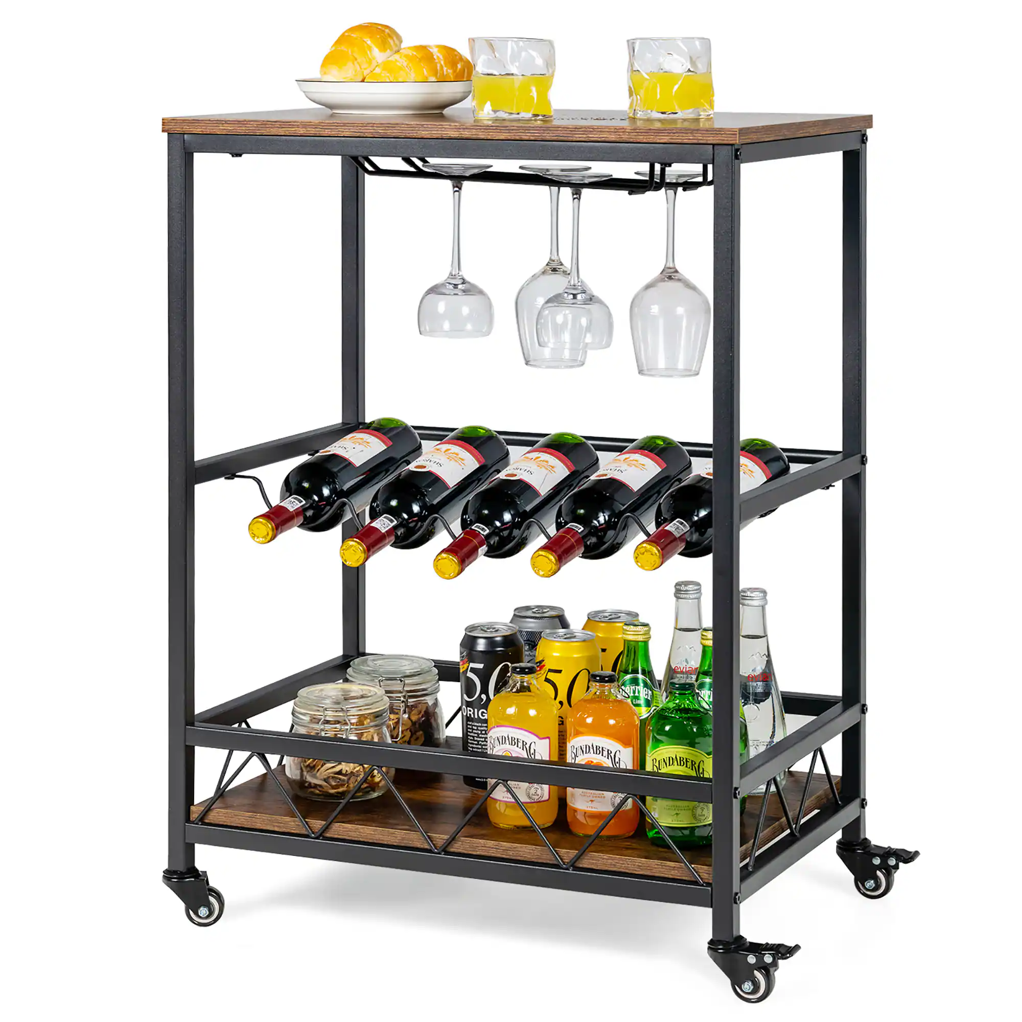 Costway - Kitchen Cart Serving Trolley on Wheels w/ Wine Rack Glass Holder - Rustic Brown,Black