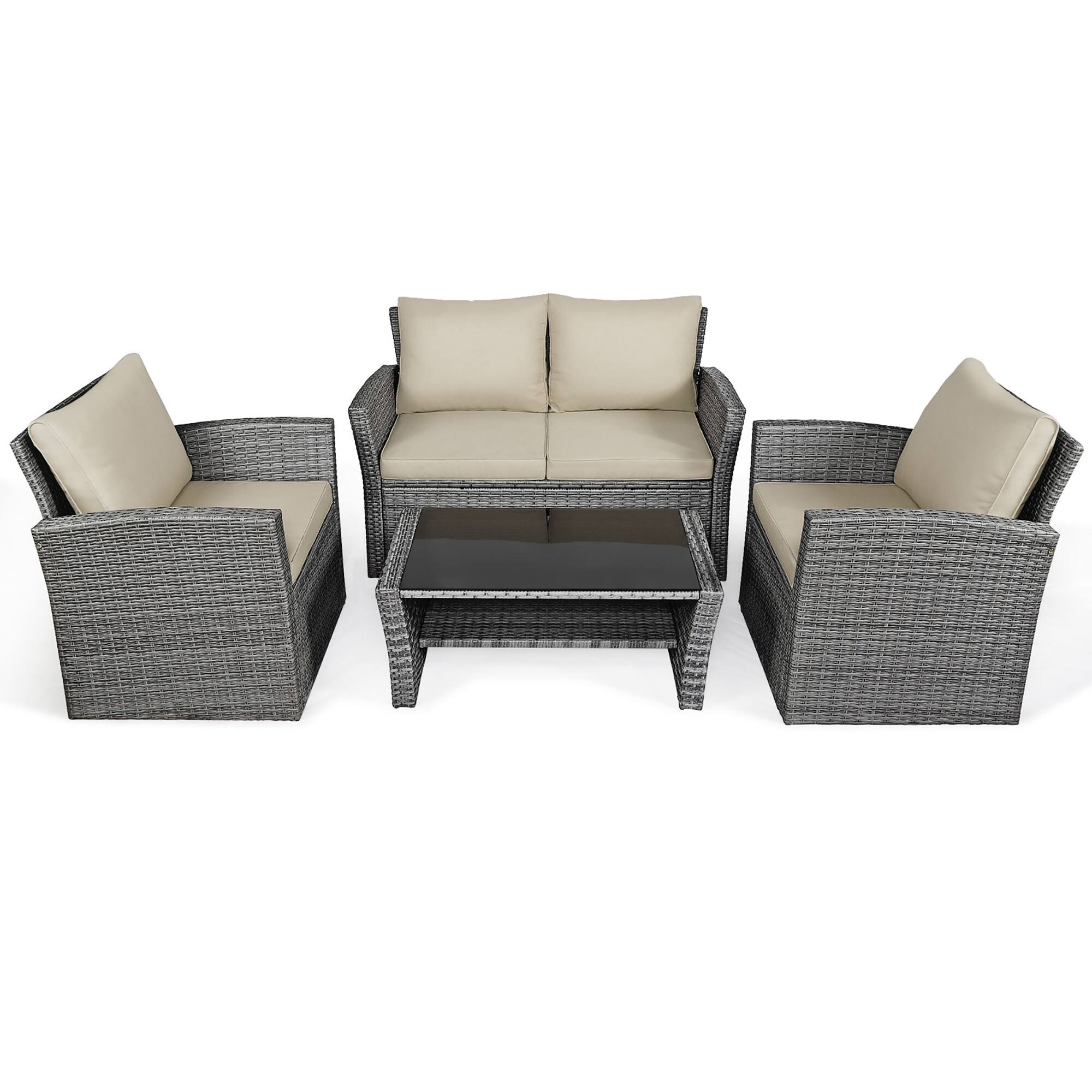 Alt View 3. Costway - Costway 4PCS Patio Rattan Furniture Set Sofa Table Storage Shelf Khaki Cushion - Khaki.