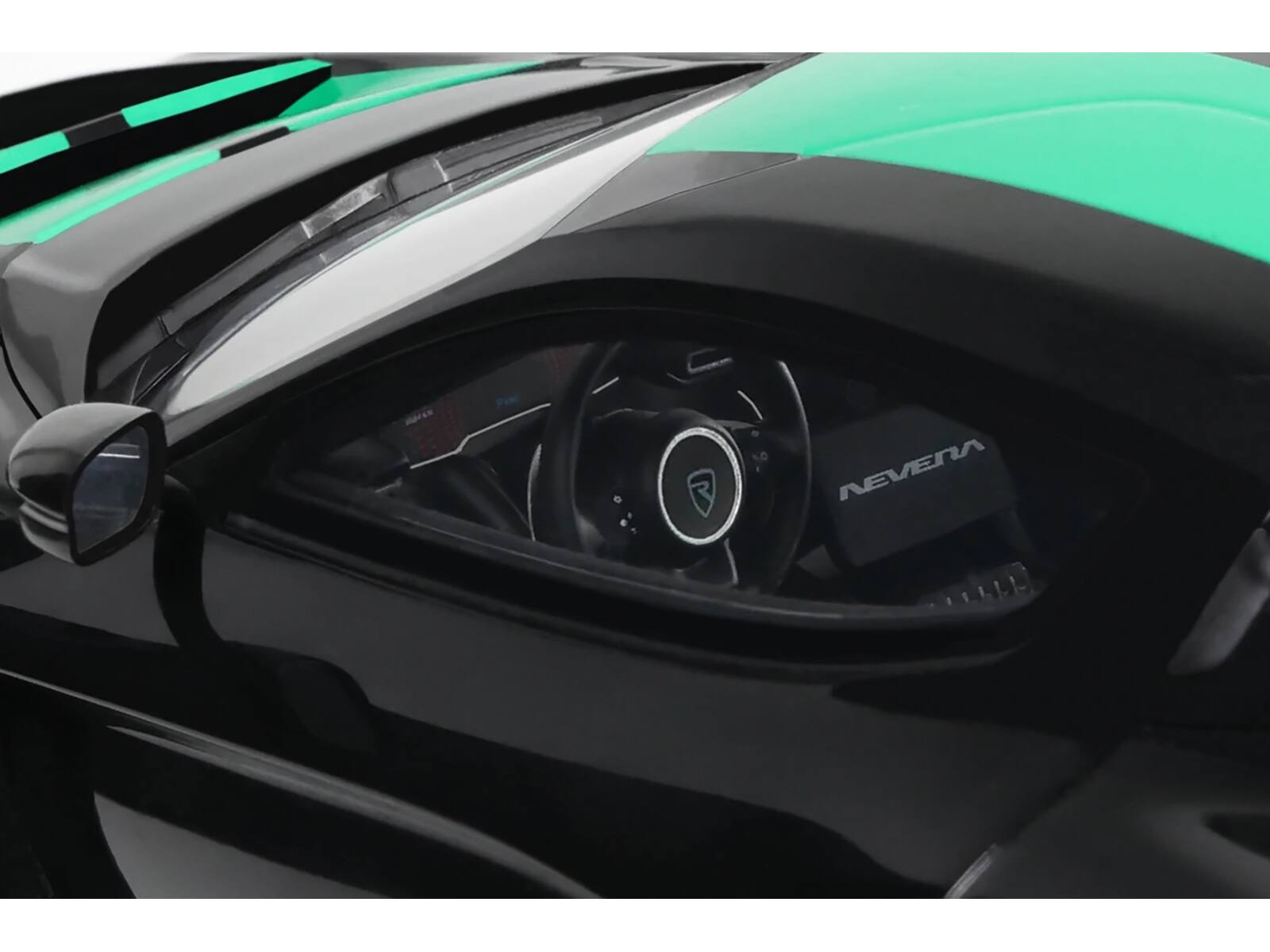Angle. GT Spirit - 2023 Rimac Nevera Black with Green Stripes 1/18 Model Car by GT Spirit - Black with Green.