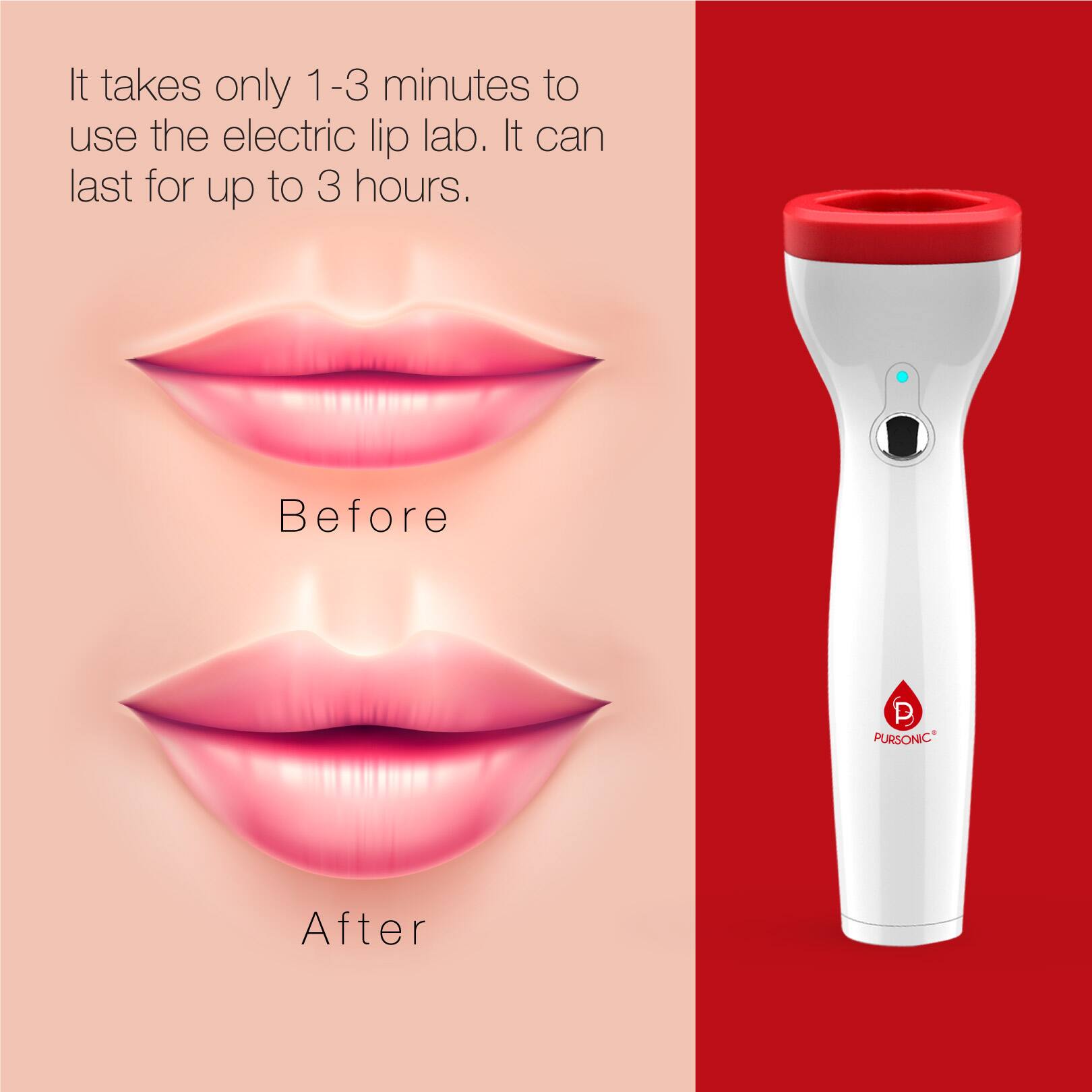 It takes only 1-3 minutes to use the electric lip lab. It can last for up to 3 hours.

Before

After