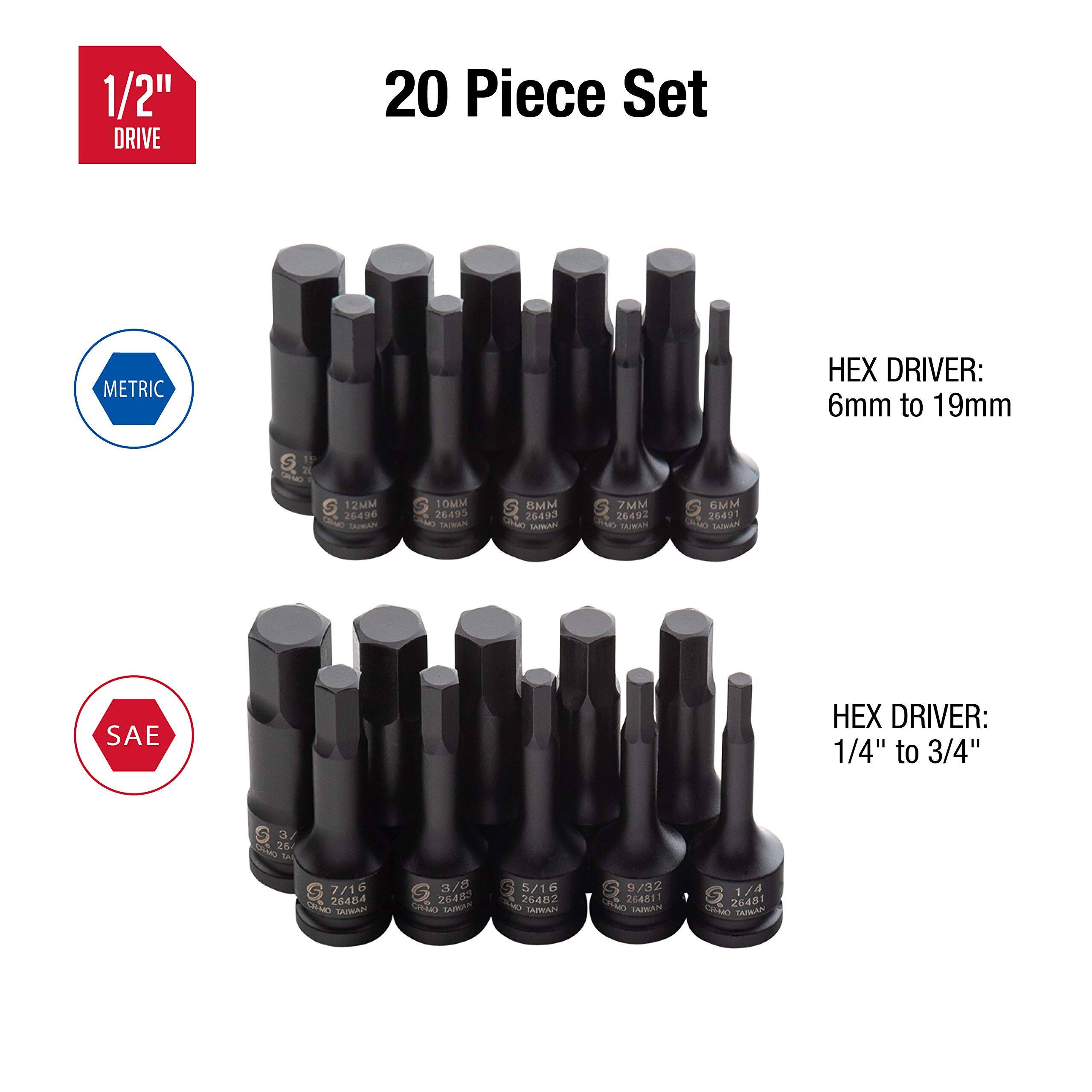 1/2" DRIVE 20 Piece Set

METRIC DRIVER: 6mm to 19mm
- 12MM 26496
- 10MM 26495
- 8MM 26493
- 7MM 26492
- 6MM 26491

SAE DRIVER: 1/4" to 3/4"
- 3/16" 26484
- 7/16" 26487
- 5/16" 26482
- 9/32" 26481
- 1/4" 26481