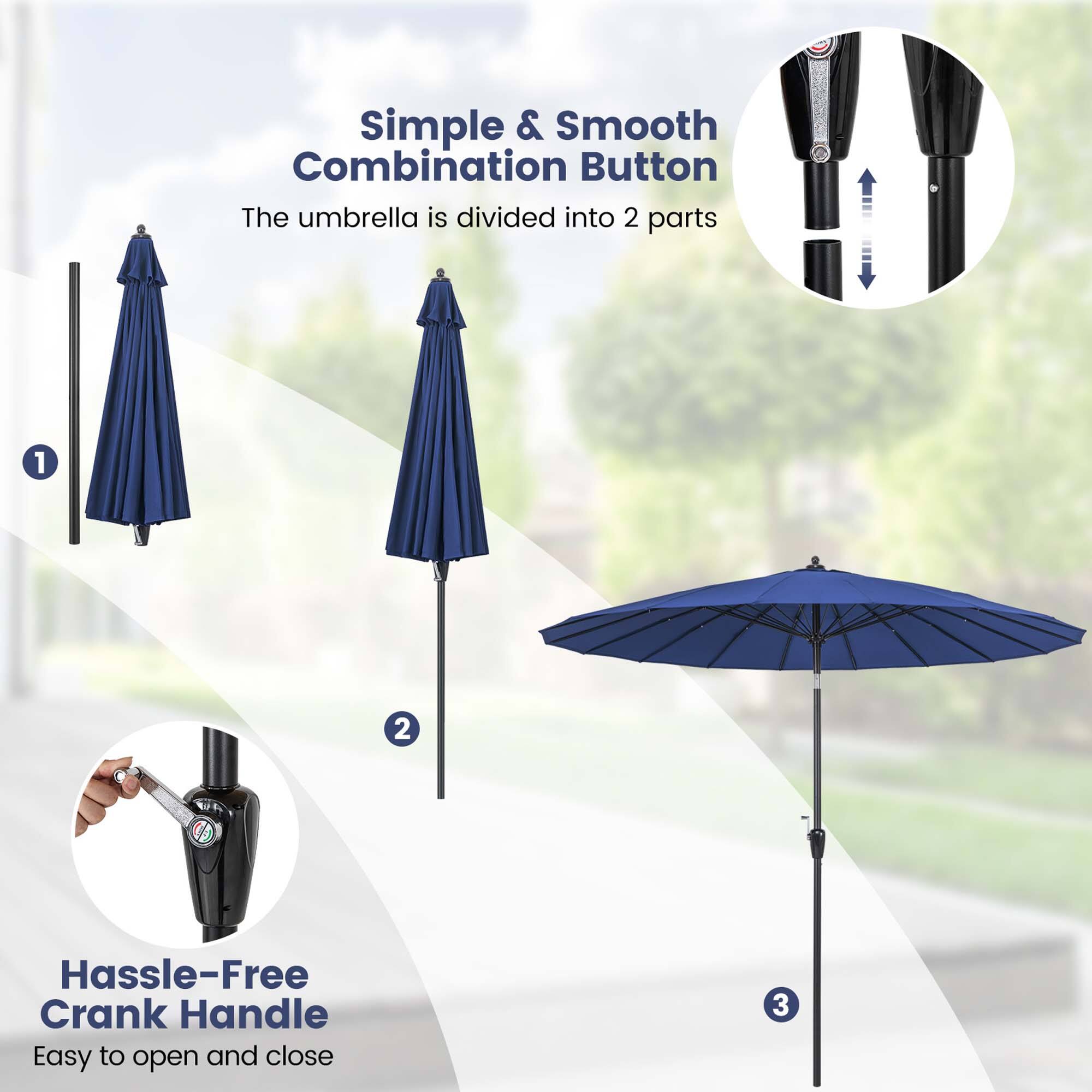 The image features a blue umbrella with a handle, which is divided into two parts. The umbrella is designed with a simple and smooth combination button, making it easy to open and close. Additionally, the umbrella has a hassle-free crank handle, providing convenience and ease of use.