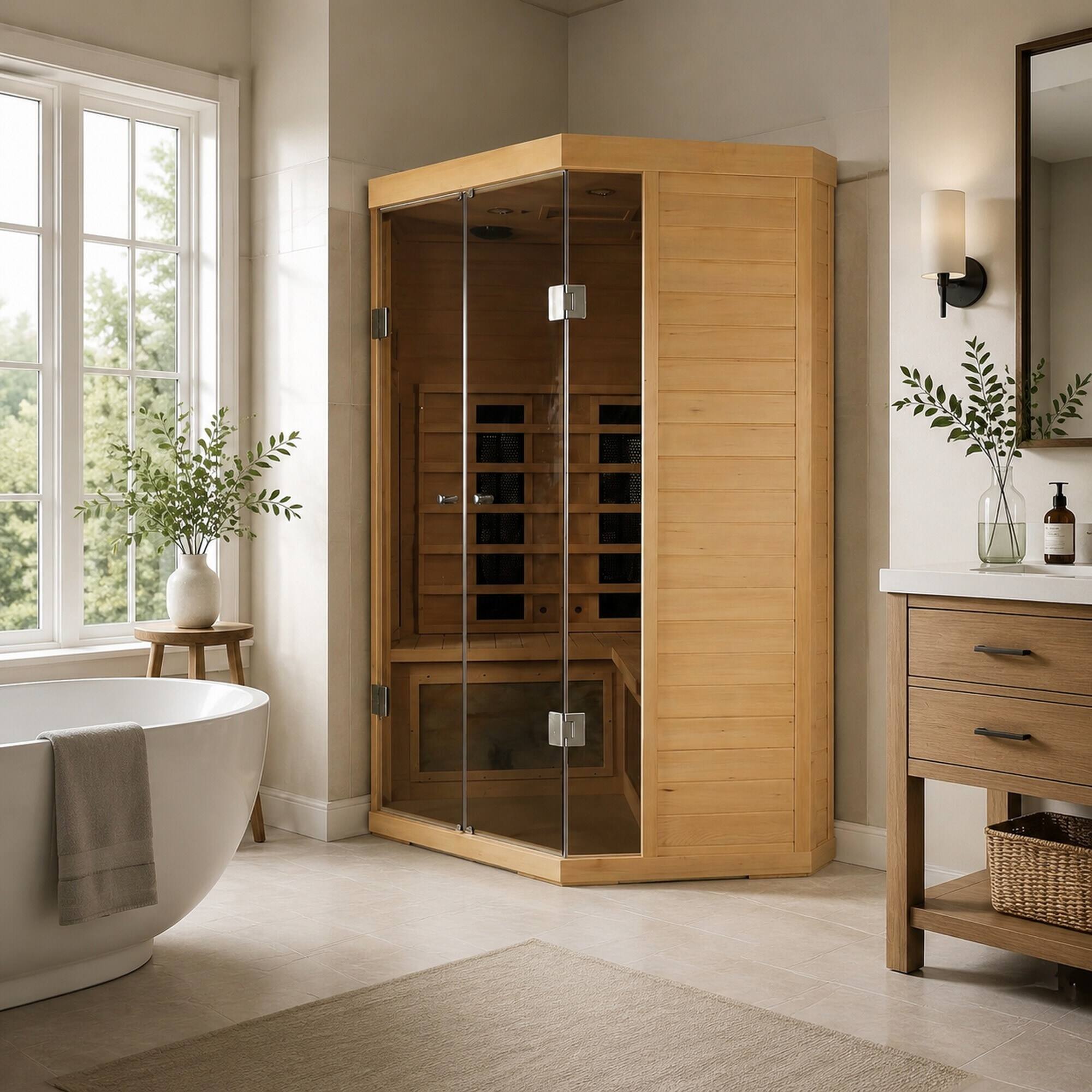 Back. RYHNUYNE - 5-Person Hemlock Far-Infrared Sauna, S Model, Canadian Eastern Hemlock, Low EMF Carbon Crystal Heaters, Home Relaxation - Natural.