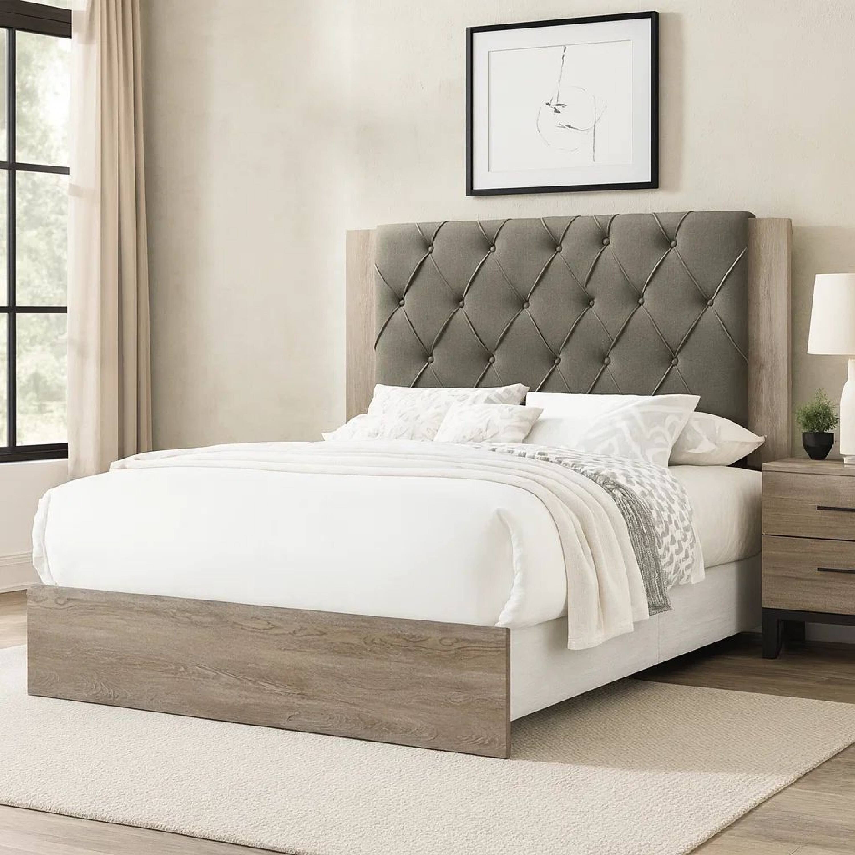 Alt View 5. Manhattan Lane - Wooden Queen Bed with Button Tufted Upholstered Headboard - Gray and Cream.