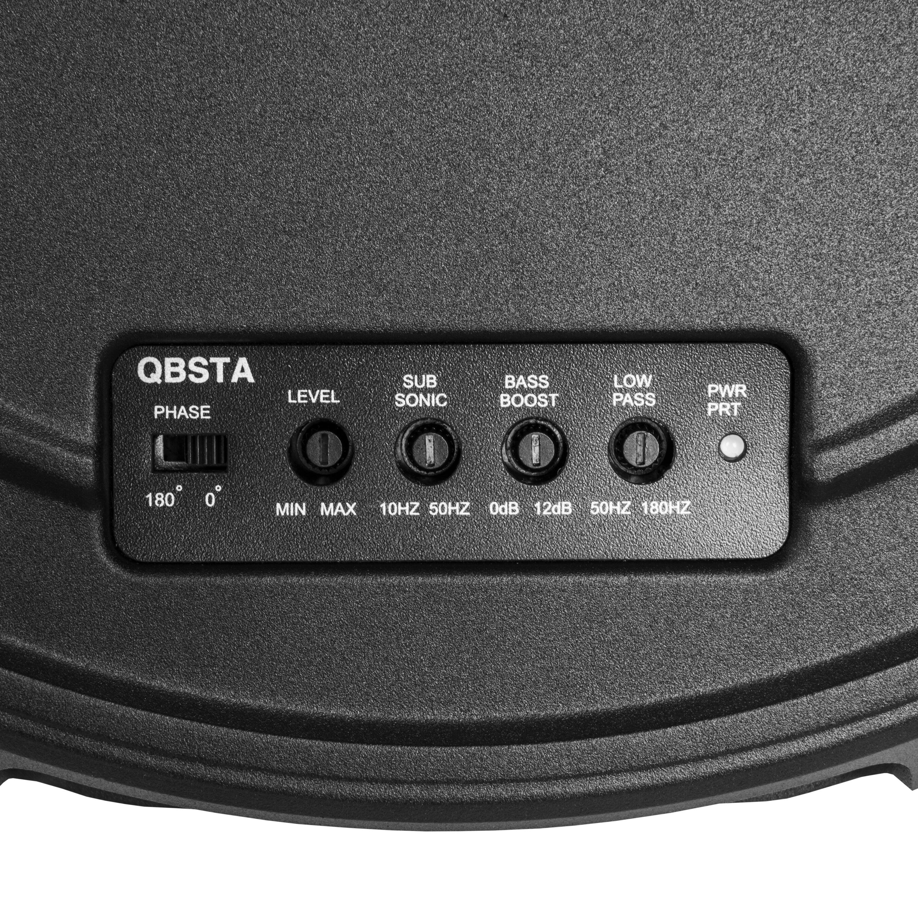 QBSTA  
PHASE  
180° 0°  

LEVEL  
MIN MAX  

SUB SONIC  
10HZ 50HZ  

BASS BOOST  
0dB 12dB  

LOW PASS  
50HZ 180HZ  

PWR PRT