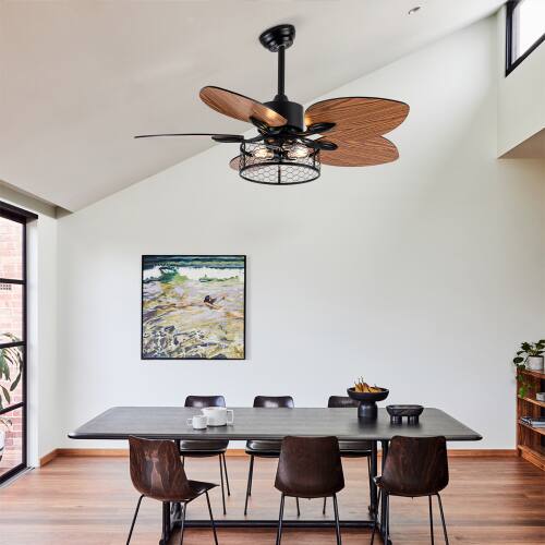 Back. LUCKY ONE - 42" Ceiling Fan with Light Remote 5 Blades 6-Speed DC Motor - Matt Black,Wood.