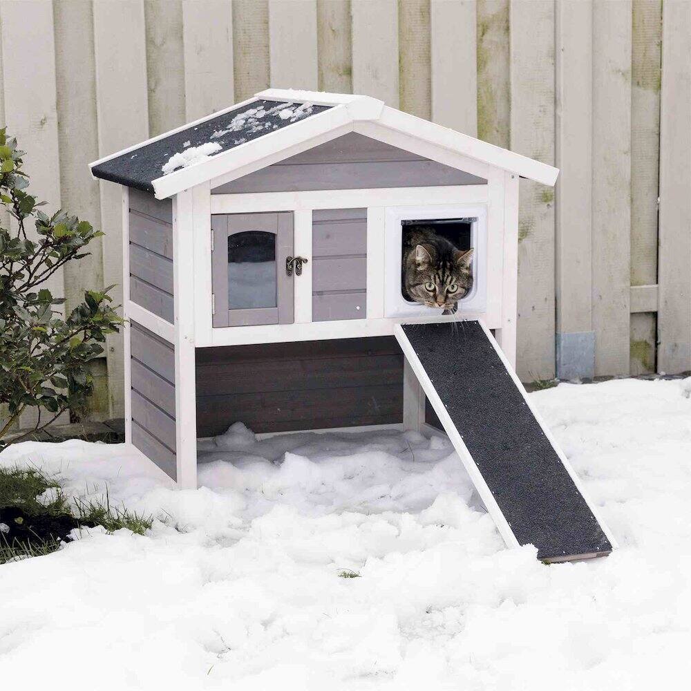 Angle. TRIXIE - Natura Elevated Weatherproof & Insulated Outdoor Cat House with Door Flaps, Gray - Gray/White.