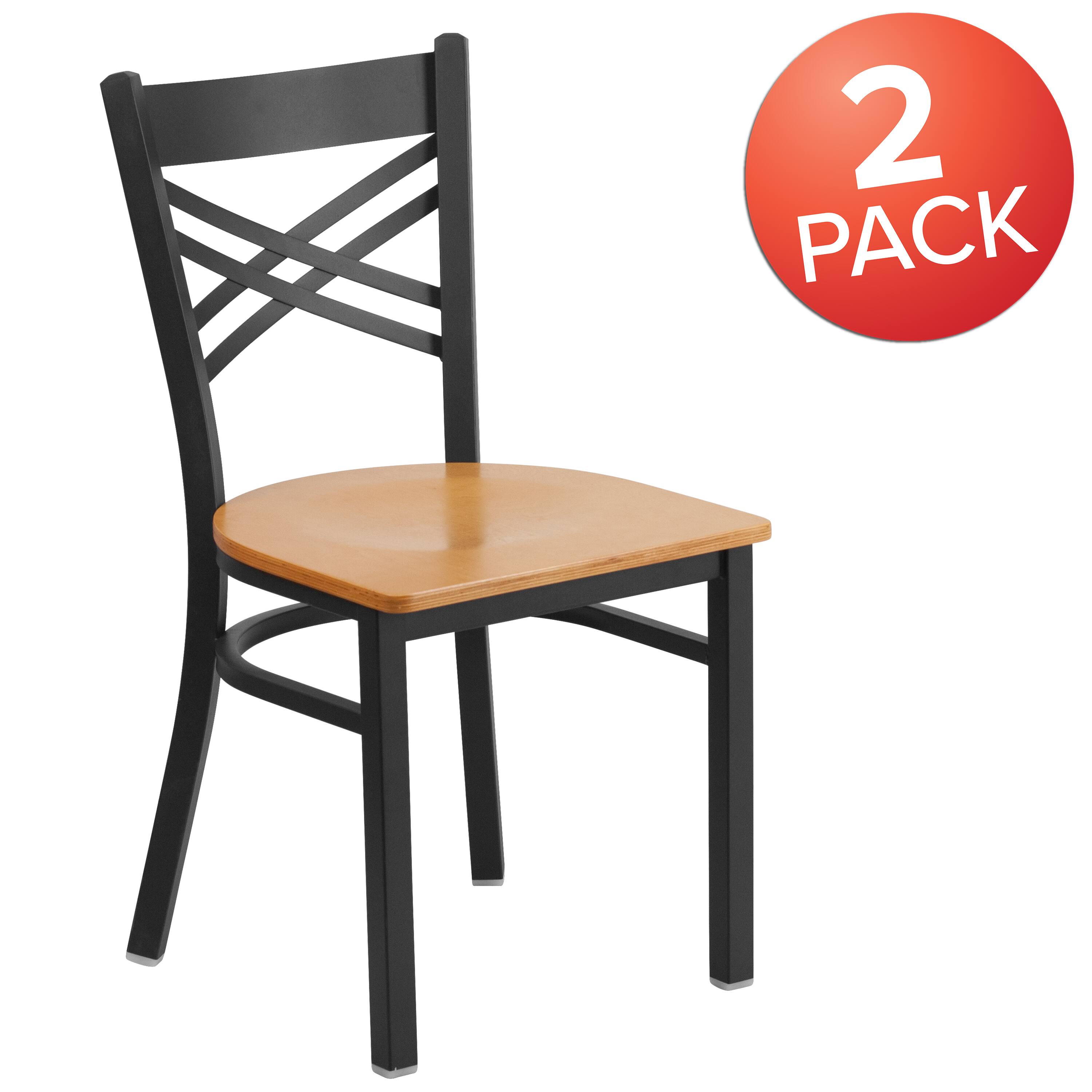 Alt View 1. Emma + Oliver - 2 Pack "X" Back Metal Restaurant Chair - Natural Wood Seat/Black Metal Frame.