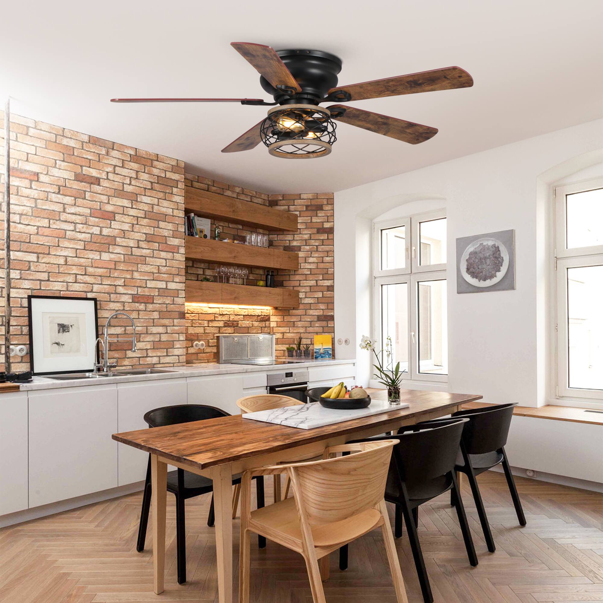 Back. Parrot Uncle - 48" Vintage Wooden 5-Blade Black Flush Mount Cgaed Ceiling Fan with Remote - Black.