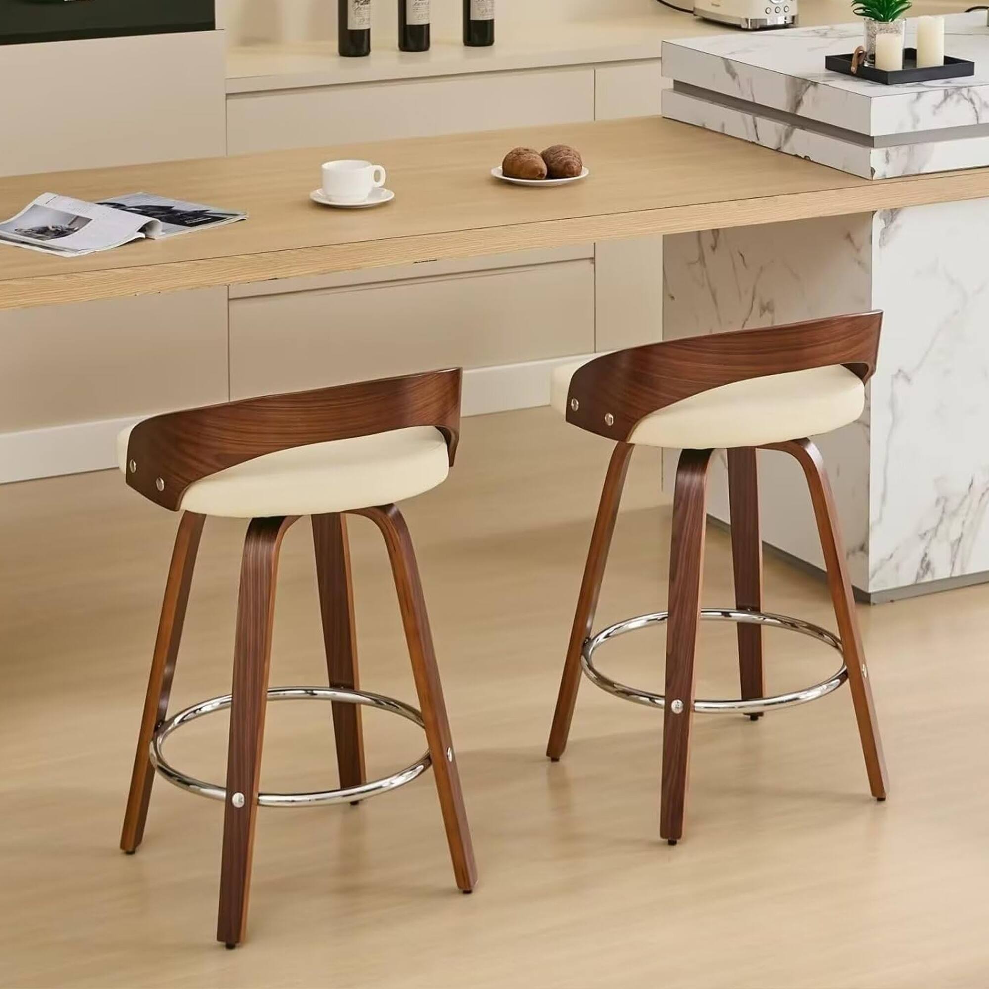 Alt View 6. HTUTWOO - Bar Stools Set of 2, 360° Swivel Barstools, Mid Century Counter Height Chairs with PU Upholstered for Kitchen Island - Beige.