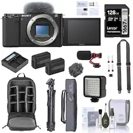 Bundle - Sony - ZV-E10 Mirrorless Camera,d with SD Card, Backpack, 2 Extra Batteries, Full-Size Tripod, Strap, Microphone,