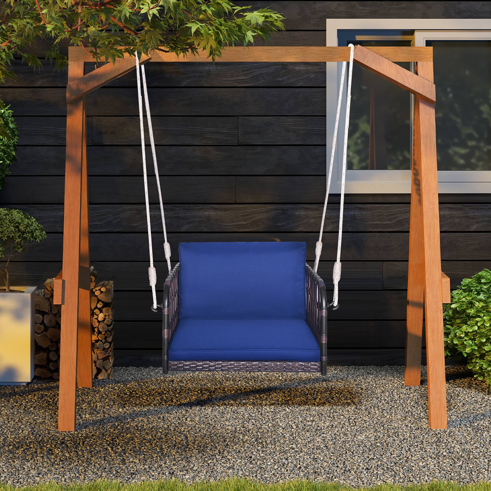 Alt View 8. Gymax - Gymax Patio Rattan Porch Swing Single Person Hanging Seat w/ Seat & Back Cushions Backyard - Mix Brown, Navy.