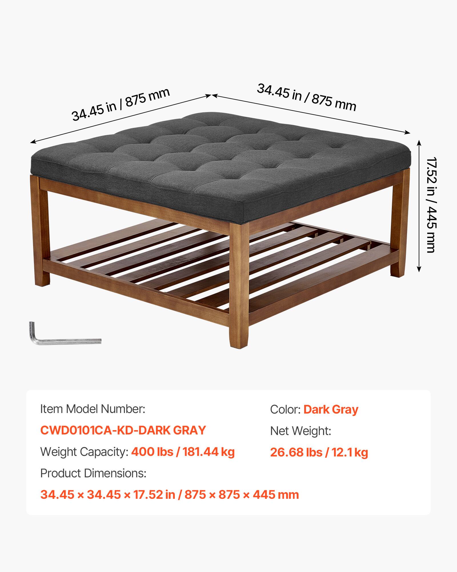 875 mm in | 34.45 in  
875 mm  
17.52 in / 445 mm  

Item Model Number: CWD0101CA-KD-DARK GRAY  
Weight Capacity: 400 lbs / 181.44 kg  
Product Dimensions: 34.45 x 34.45 x 17.52 in / 875 x 875 x 445 mm  
Color: Dark Gray  
Net Weight: 26.68 lbs / 12.1 kg