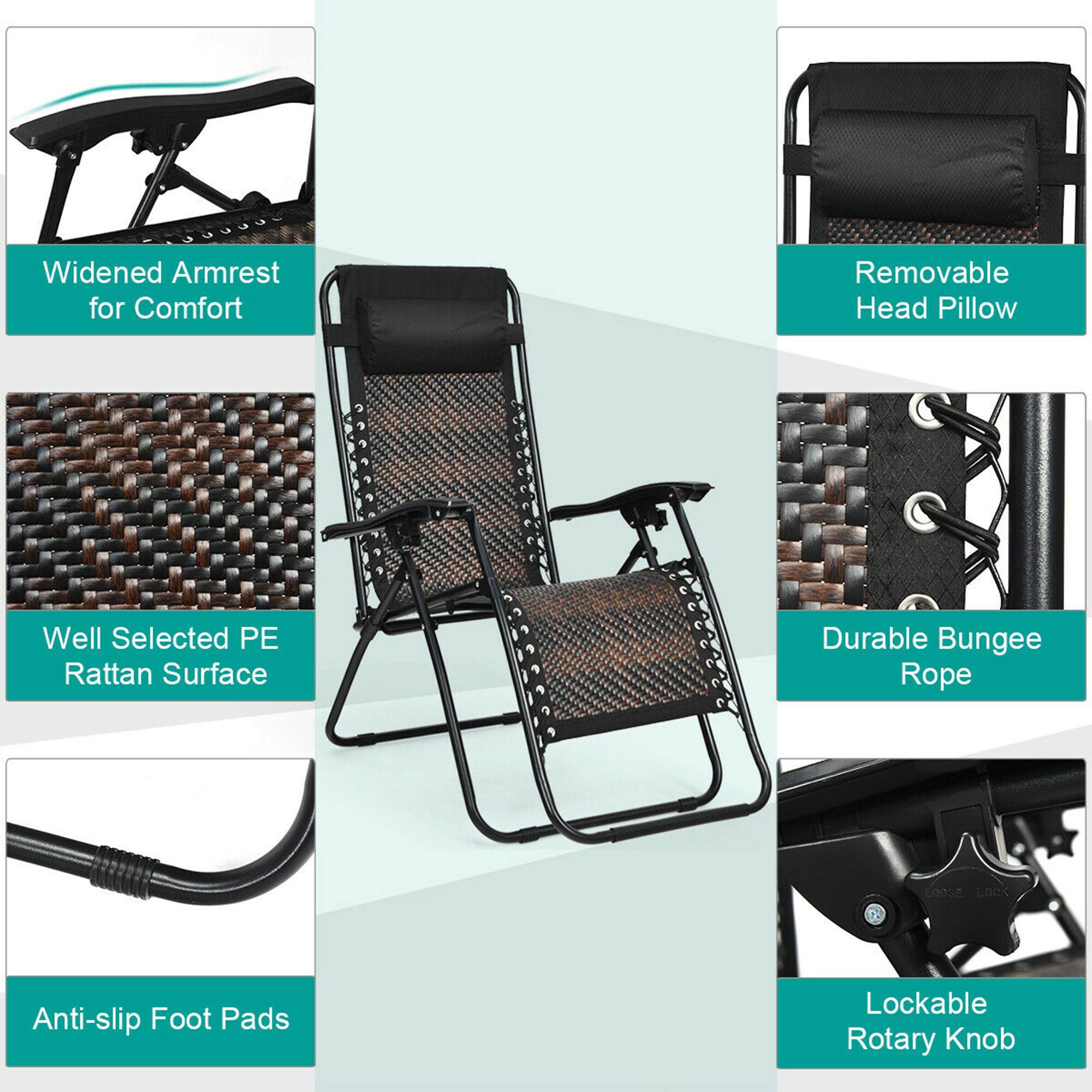 - Widened Armrest for Comfort
- Removable Head Pillow
- Well Selected PE Rattan Surface
- Durable Bungee Rope
- Anti-slip Foot Pads
- Lockable Rotary Knob