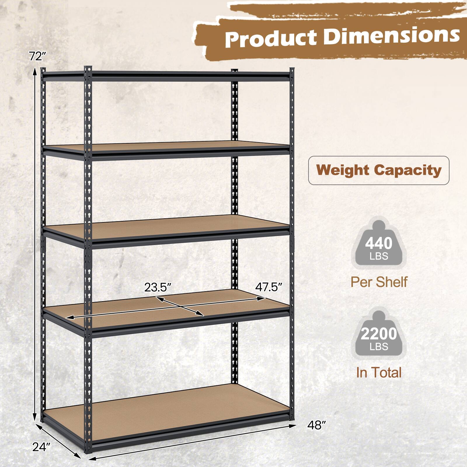 Product Dimensions  
- Height: 72"  
- Width: 48"  
- Depth: 24"  
- Shelf Depth: 23.5"  
- Shelf Spacing: 47.5"  

Weight Capacity  
- Per Shelf: 440 LBS  
- In Total: 2200 LBS