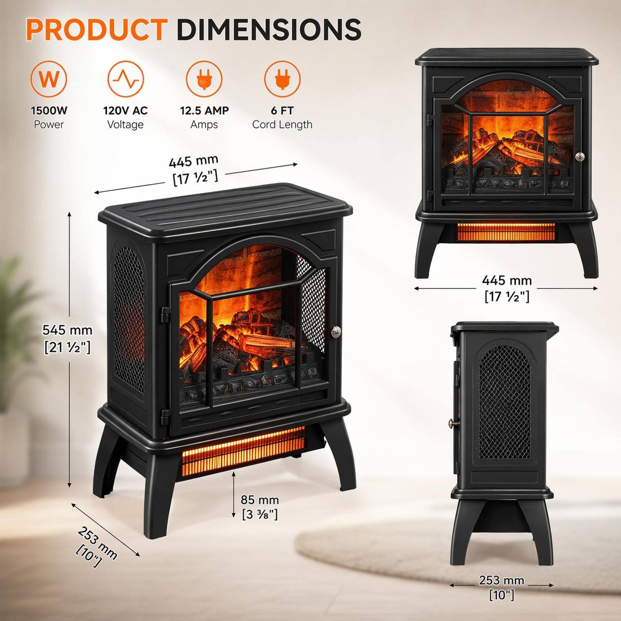 PRODUCT DIMENSIONS  
- Power: 1500W  
- Voltage: 120V AC  
- Amps: 12.5  
- Cord Length: 6 FT  

Dimensions:  
- Width: 445 mm [17 1/2"]  
- Height: 545 mm [21 1/2"]  
- Depth: 253 mm [10"]  
- Front Height: 85 mm [3 3/8"]