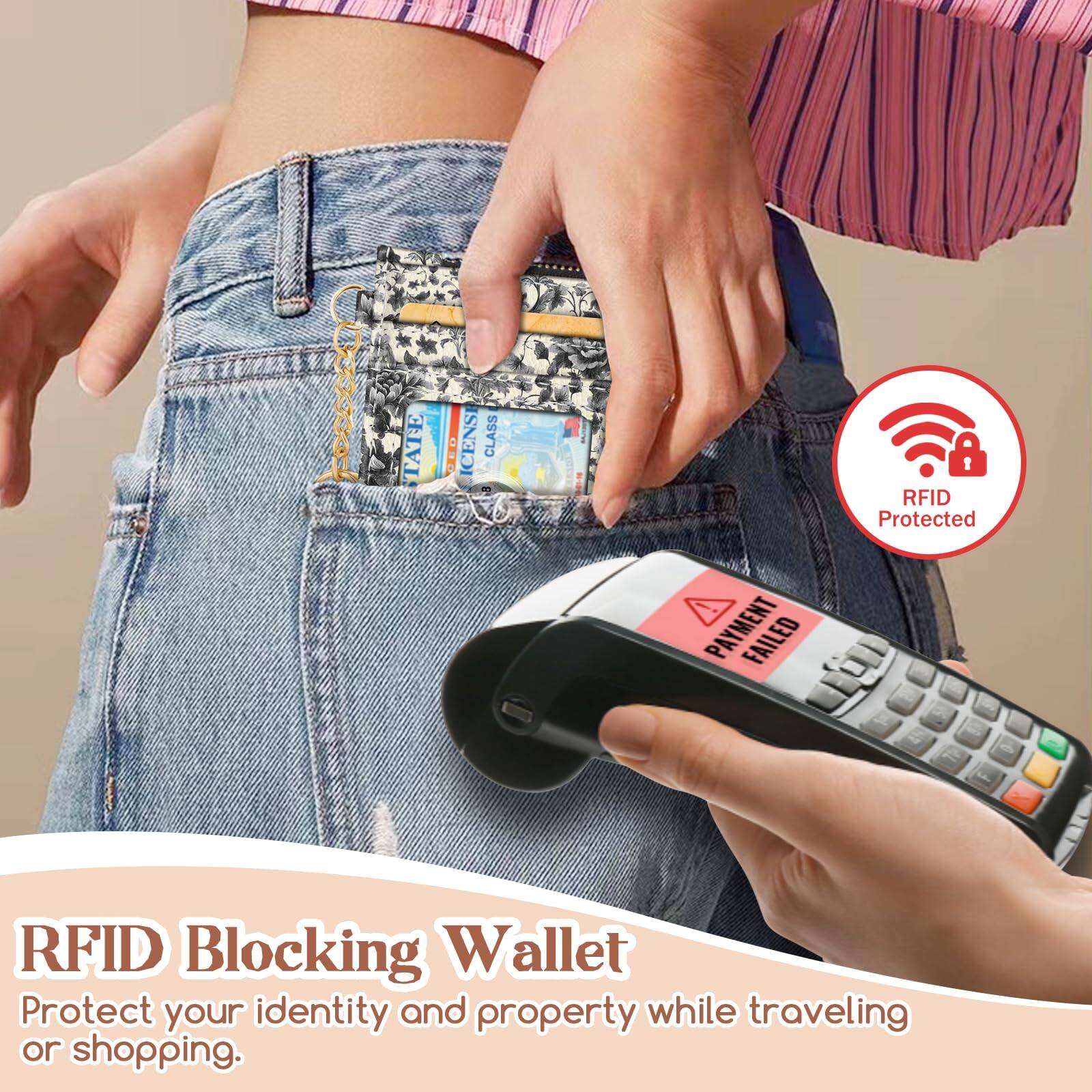 Alt View 2. Jadie Link - Slim Wallet Credit Card Holder Women Goth Bat Rfid Blocking Small Case Keychain Thin Pocket Curved Zipper Travel Leather - Black Cat Book.