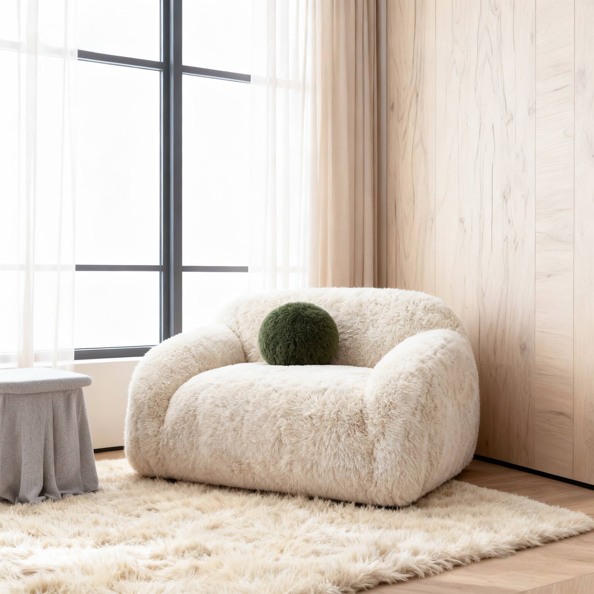 Angle. Vaczon - Faux Fur Loveseat Sofa Cozy Shaggy Plush Chair for Home Apartment or Lounge Area with Accent Pillows - Sand.