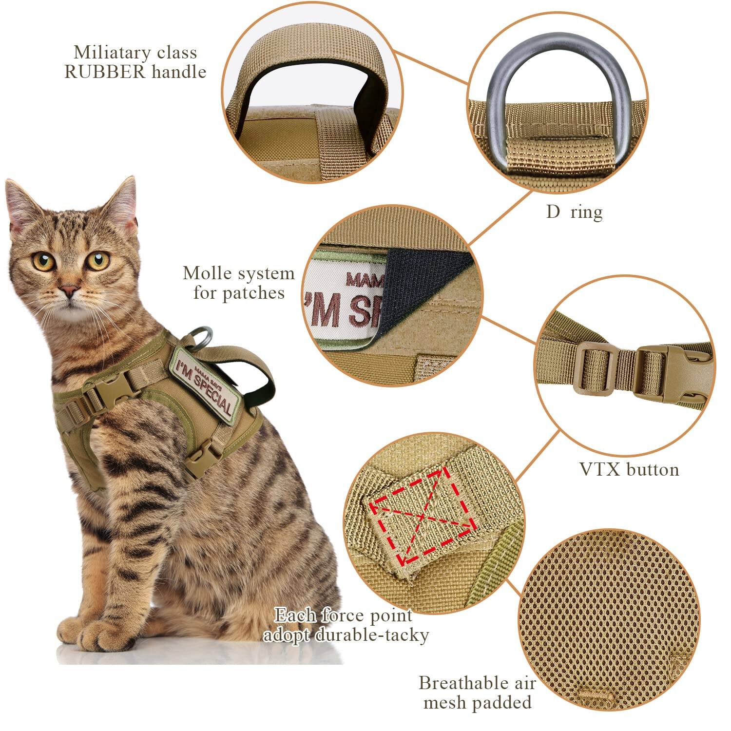 - Military class RUBBER handle
- Molle system for patches
- D ring
- VTX button
- Each force point adopt durable-tacky
- Breathable air mesh padded