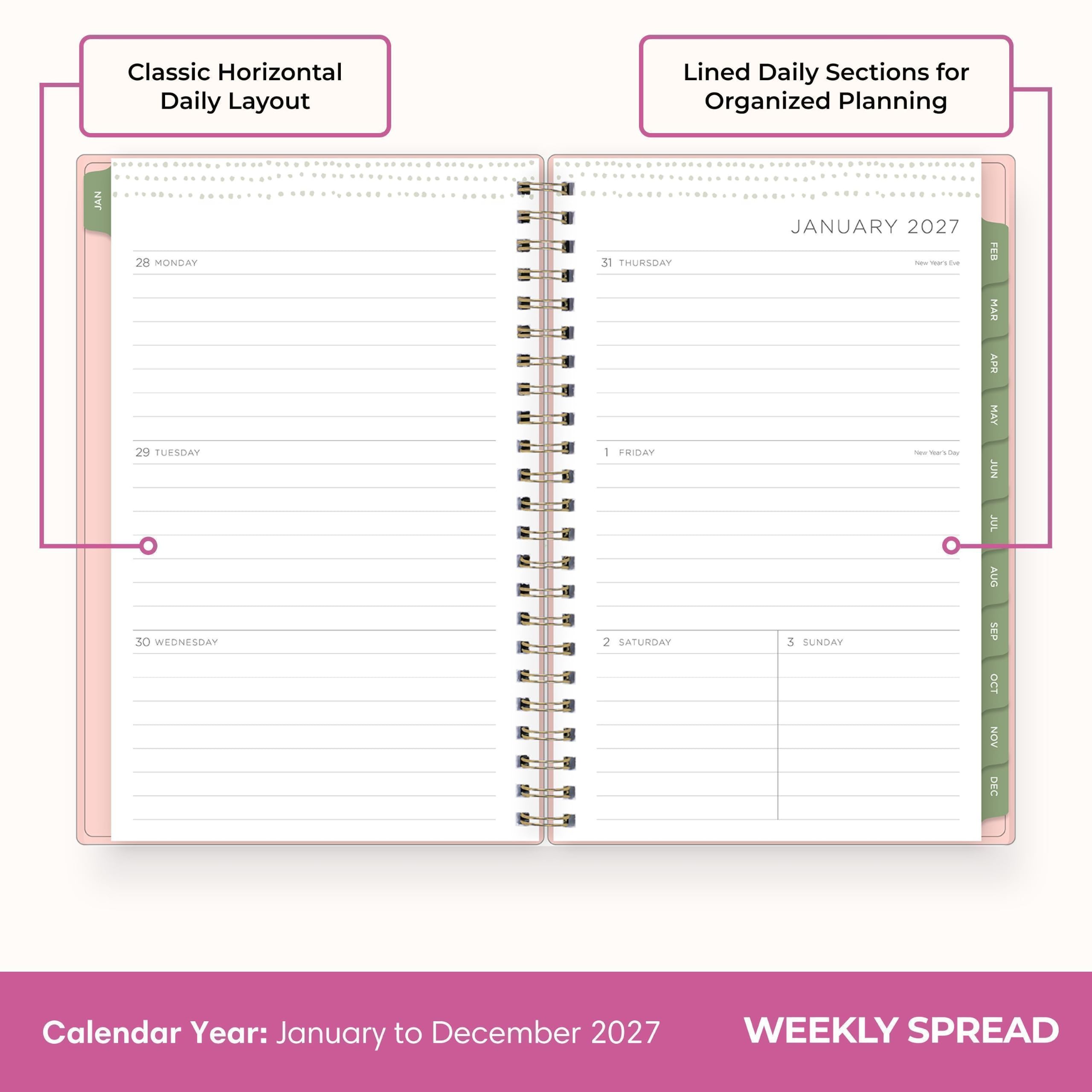 Classic Horizontal Daily Layout  
Lined Daily Sections for Organized Planning  

JAN  
28 MONDAY 29 TUESDAY 30 WEDNESDAY  
31 THURSDAY FRIDAY 2 SATURDAY  
3 SUNDAY  

JANUARY 2027  
Calendar Year: January to December 2027  
WEEKLY SPREAD
