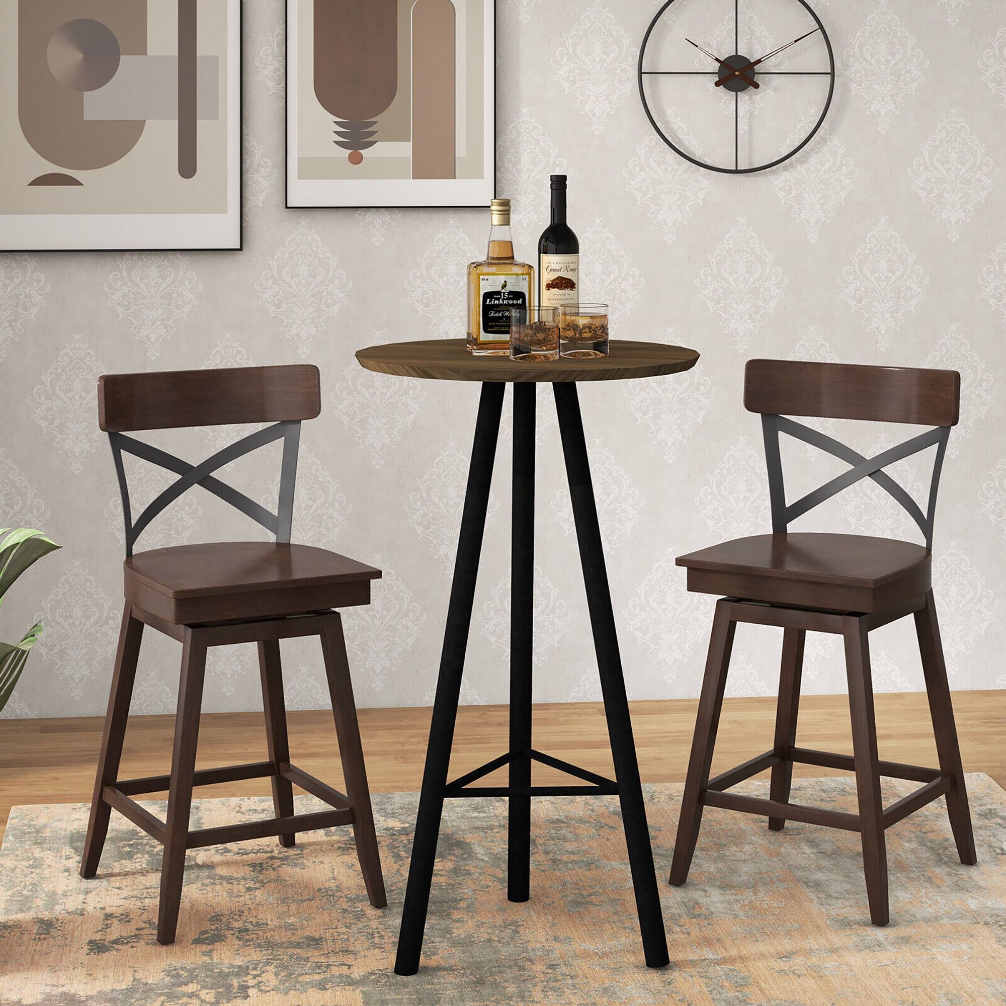 Alt View 3. Gymax - Gymax Set of 2 Wooden Swivel Bar Stools Counter Height Kitchen Chairs w/ Back Brown - Brown + Black.