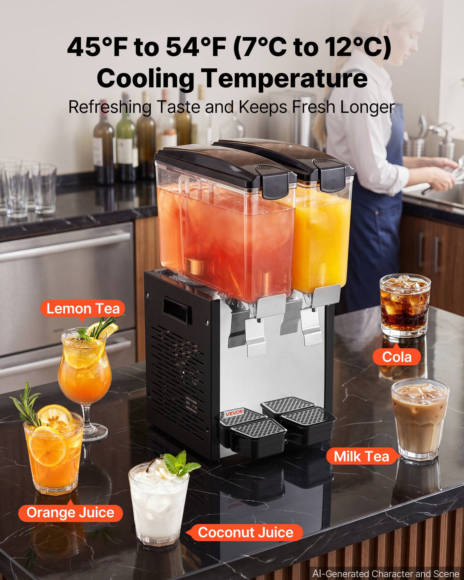 45°F to 54°F (7°C to 12°C) Cooling Temperature  
Refreshing Taste and Keeps Fresh Longer

Lemon Tea  
Cola  
Milk Tea  
Orange Juice  
Coconut Juice  

AI-Generated Character and Scene