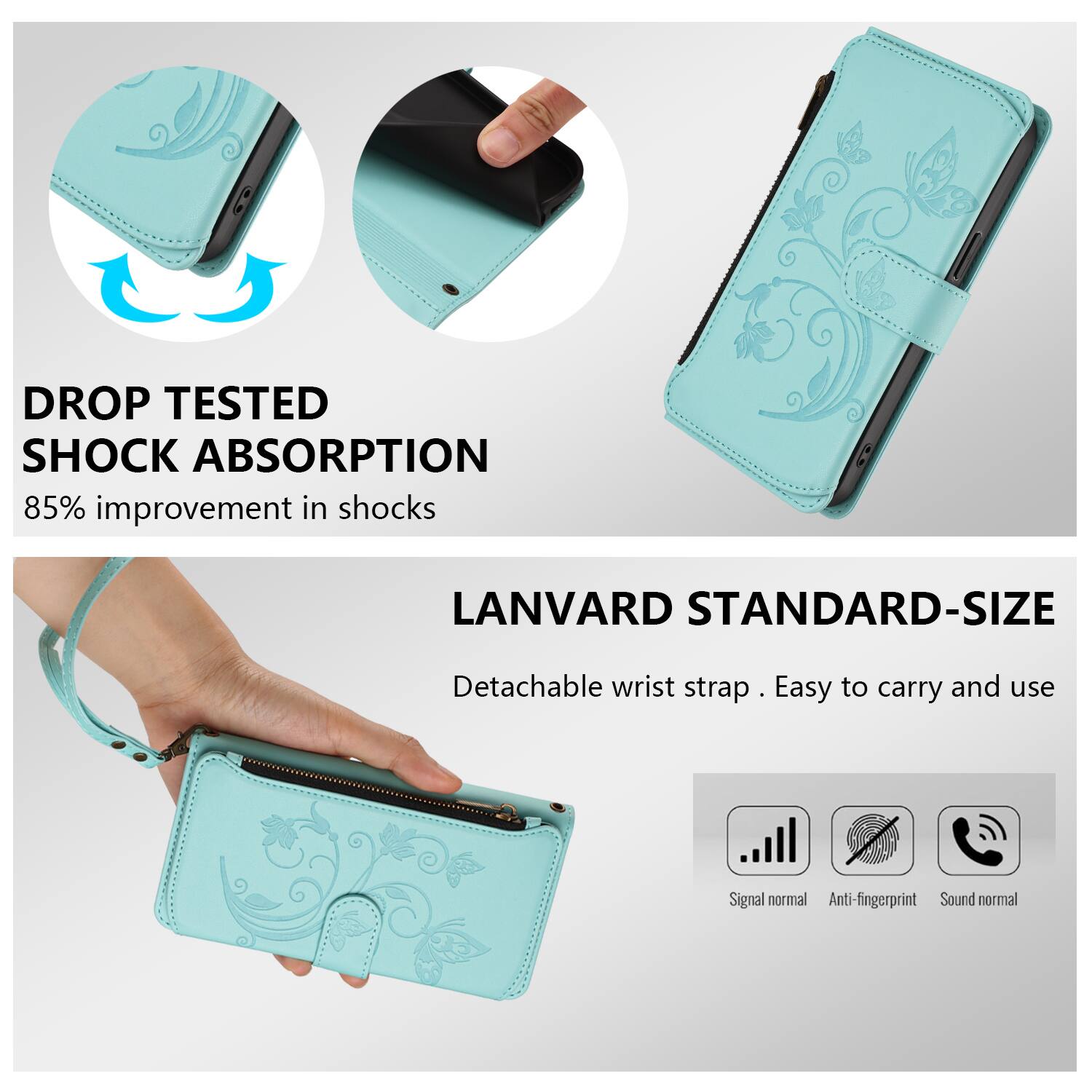 DROP TESTED SHOCK ABSORPTION  
85% improvement in shocks  

LANVARD STANDARD-SIZE  
Detachable wrist strap. Easy to carry and use  

Signal normal  
Anti-fingerprint  
Sound normal