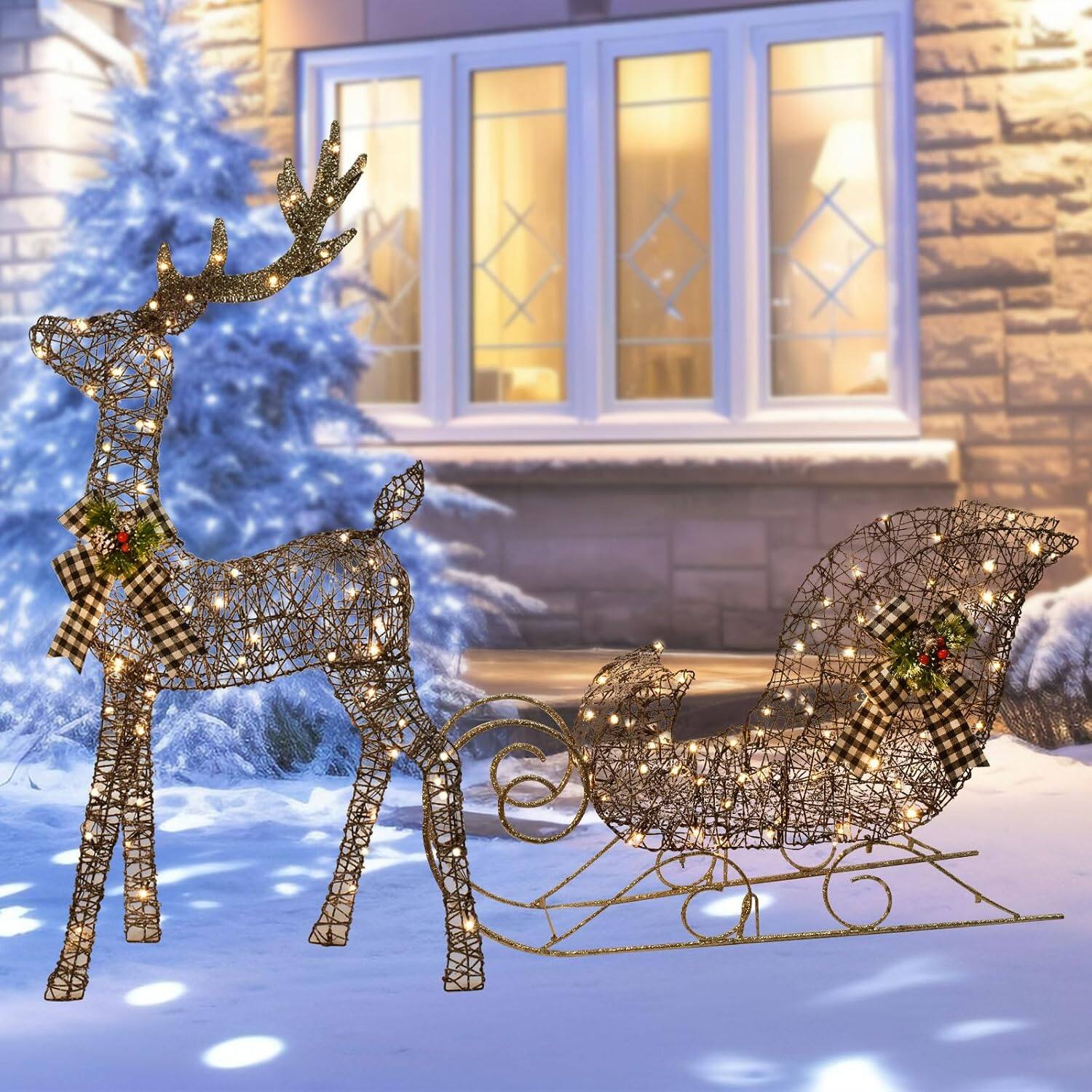 Alt View 3. Oumilen - 2-Piece Pre-Lit Rattan Reindeer and Sleigh Set – 48in Lighted Christmas Deer with Sleigh.
