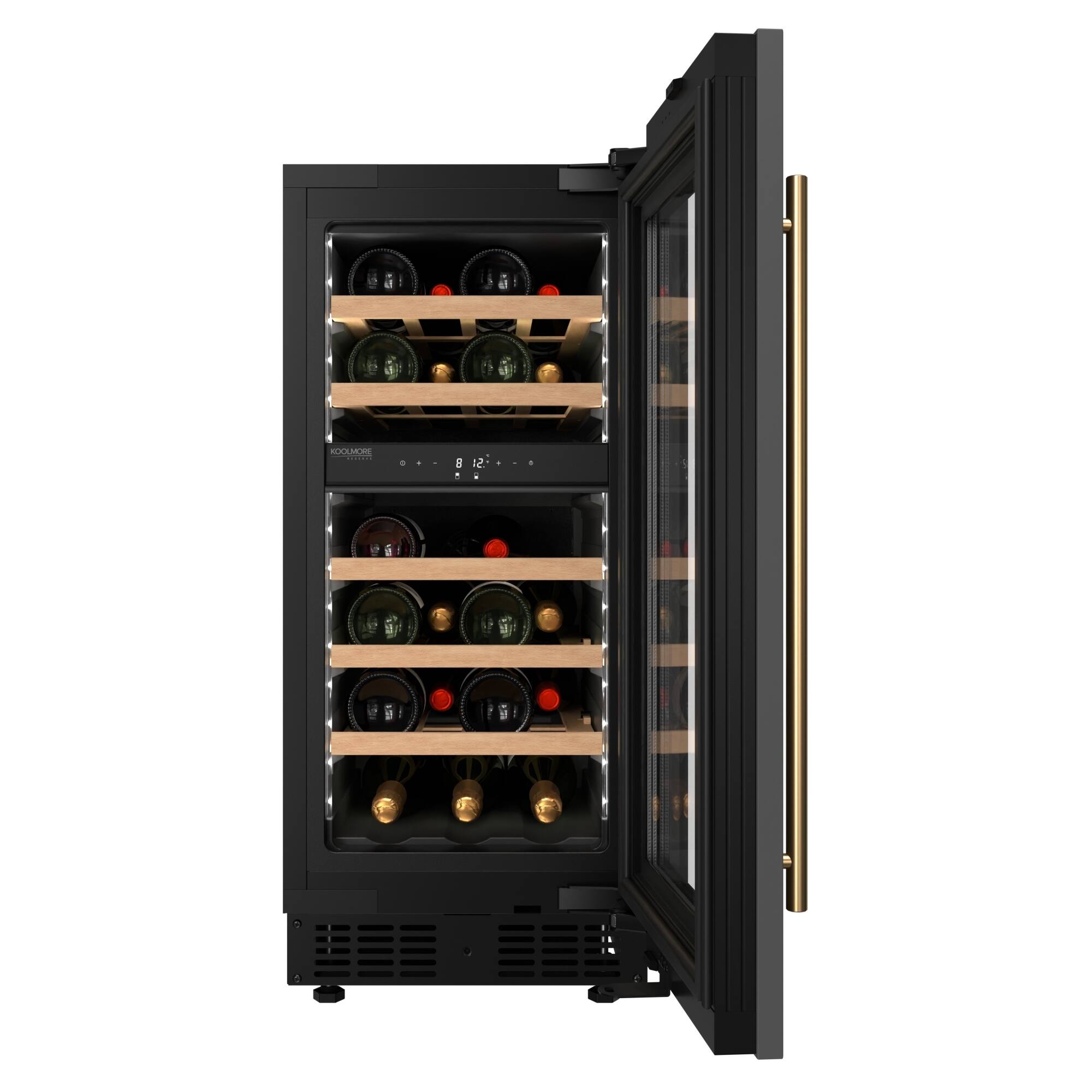 Left. Koolmore - KoolMore Reserve 15 in. Under-Counter Panel Ready Dual Zone Built-in Wine Cooler with 23 Bottle Capacity, Wooden Shelves - Black.