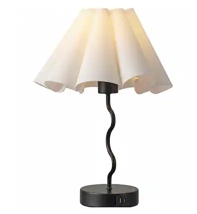 Front. FINEAK - Black Pleated Bedside Table Lamp with Linen Shade - Black.