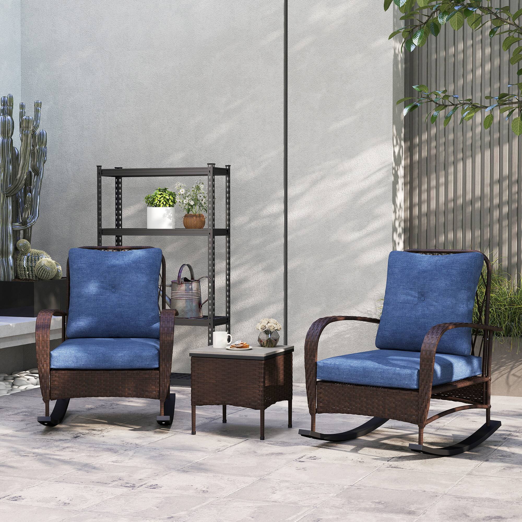 Alt View 1. Outsunny - Piece Wicker Patio Furniture Set, Outdoor PE Rattan Rocking Chairs with Coffee Table - Brown.
