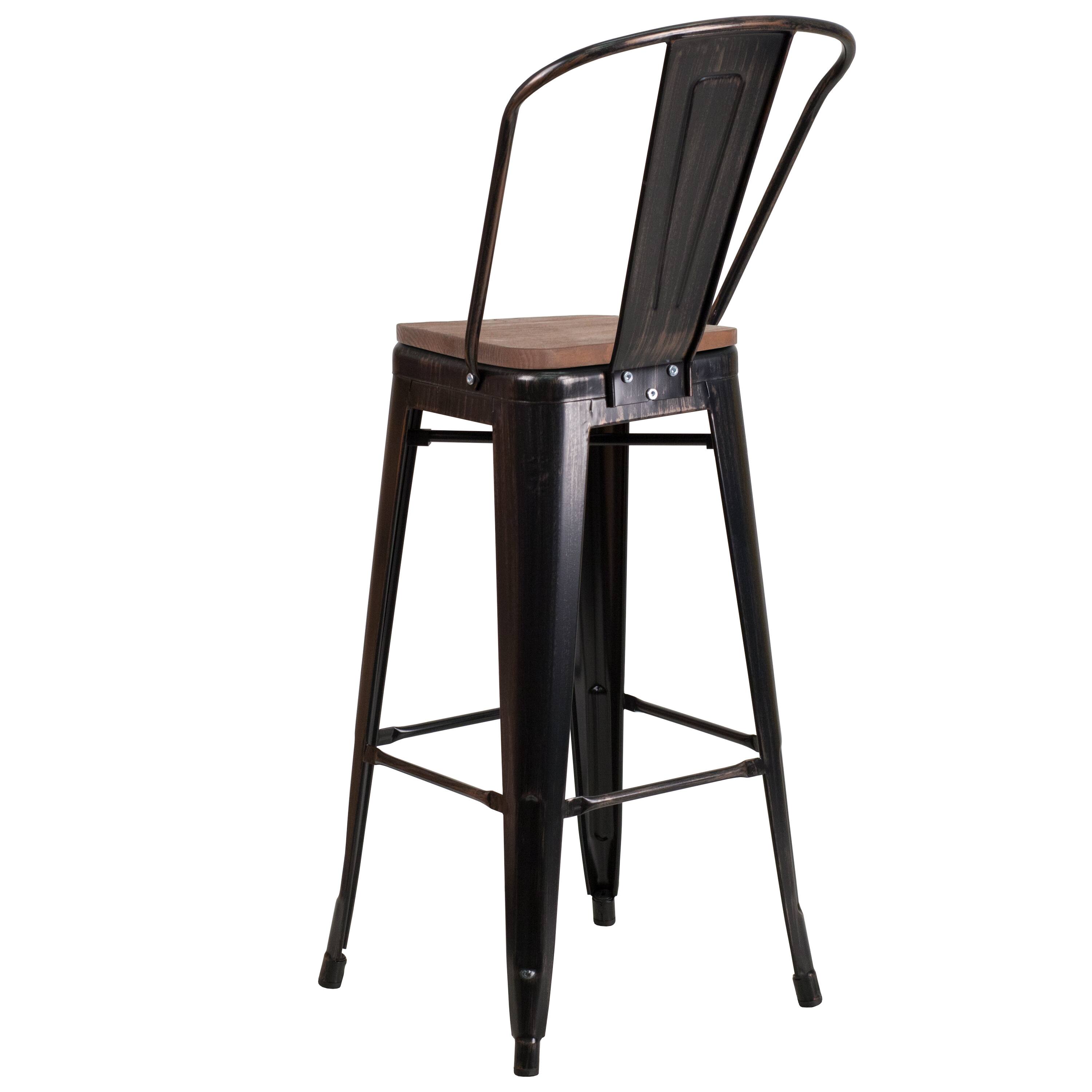 Alt View 5. Emma + Oliver - 30"H Metal Dining Barstool with Back and Square Wood Seat - Black-Antique Gold.