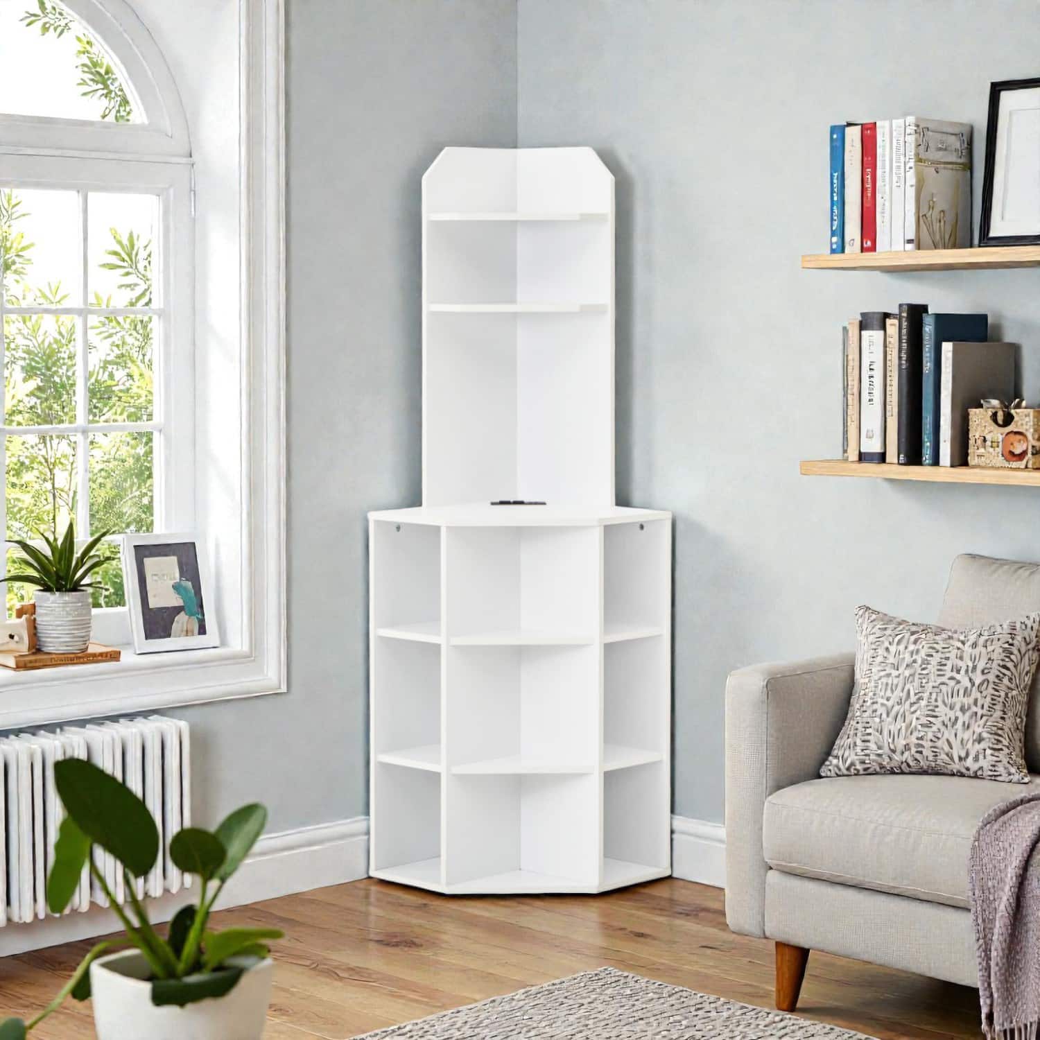 Hivvago - Space-Saving 6-Tier Corner Organizer with Power Hub and USB Slots - White