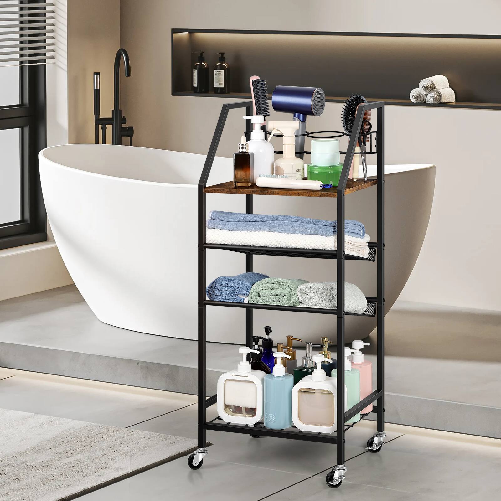 Angle. Oumilen - 5-Tier Rolling Storage Cart with Wood Top, Black Metal Frame & Accessories，Brown - Brown.