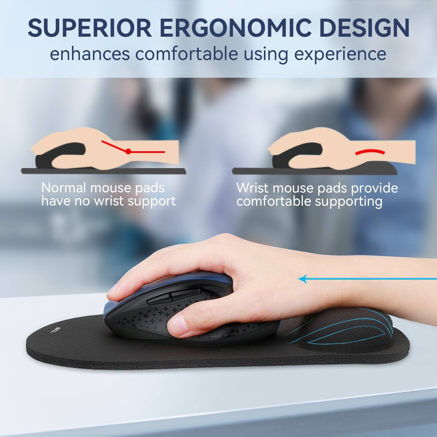 SUPERIOR ERGONOMIC DESIGN enhances comfortable using experience

Normal mouse pads have no wrist support

Wrist mouse pads provide comfortable supporting