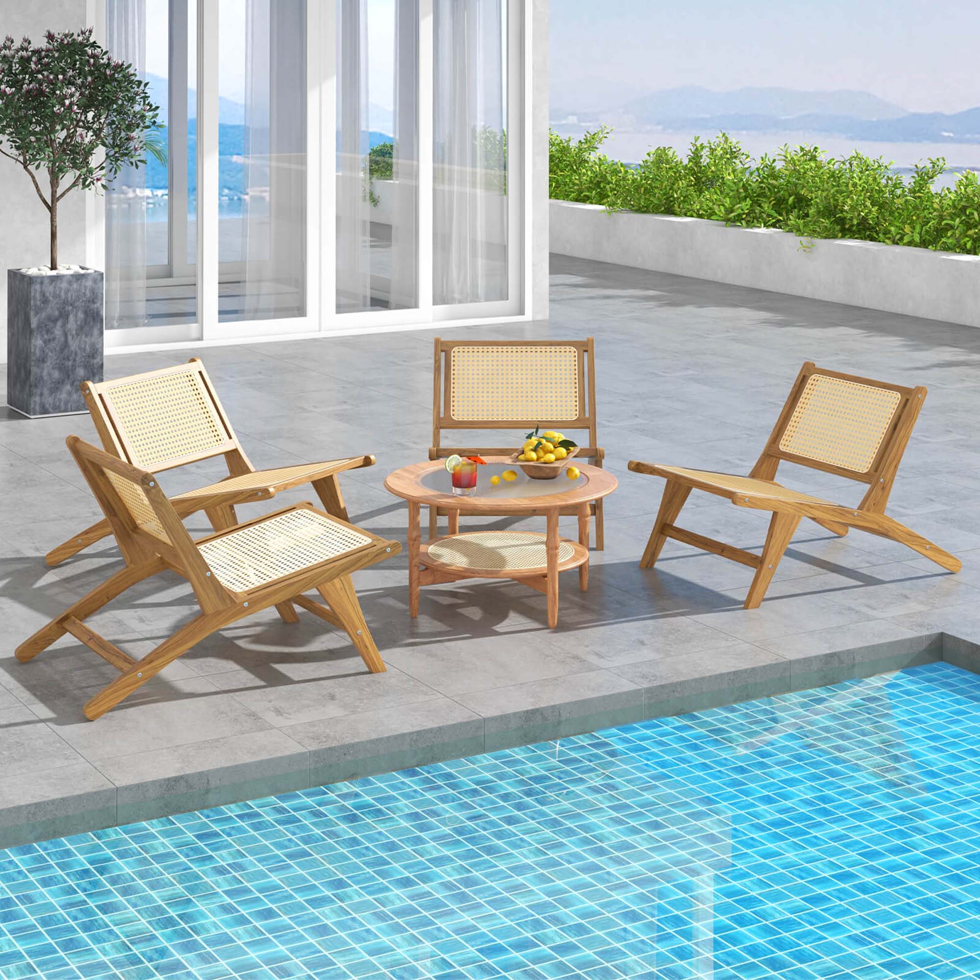 Alt View 5. Costway - Costway 2 PCS Mid Century Modern Teak Wooden Chair with Handwoven Rattan Seat & Backrest - Natural.