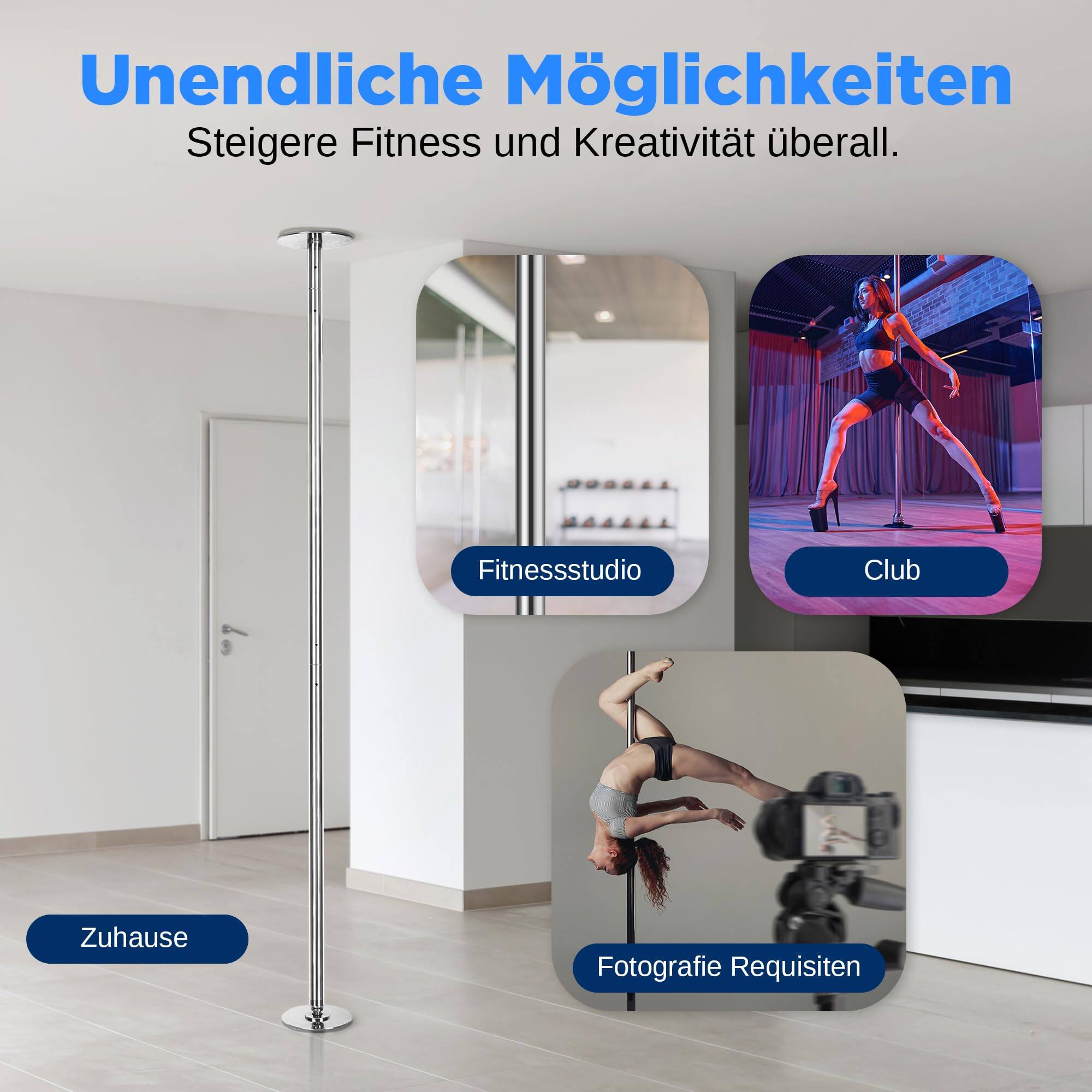 Unendliche Möglichkeiten  
Steigere Fitness und Kreativität überall.

Fitnessstudio  
Club  
Zuhause  
Fotografie Requisiten