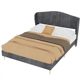 GOODSILO - Luxury Velvet Upholstered Platform Bed with Tufted Headboard for Master Bedroom and Guest Rooms - Gray